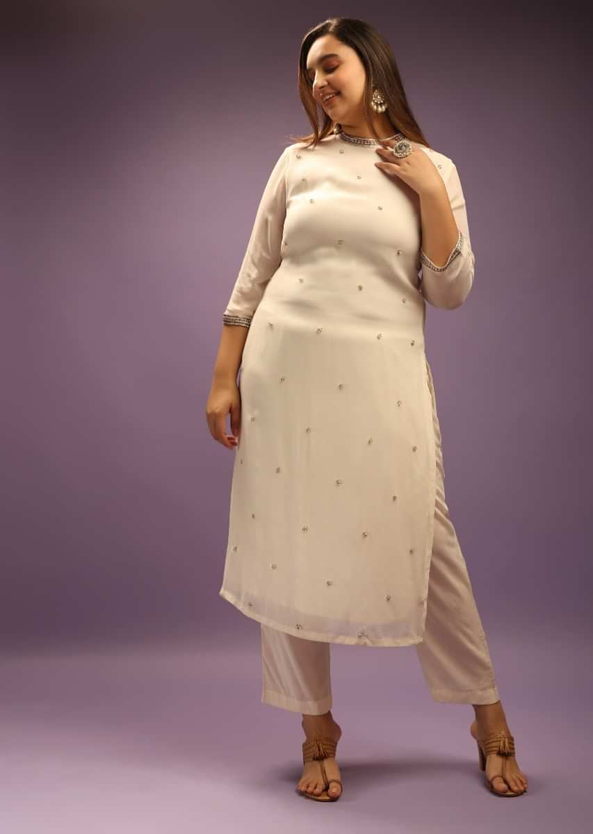 Pearl White Straight Cut Georgette Suit In Sequin Embellished Buttis Without Dupatta