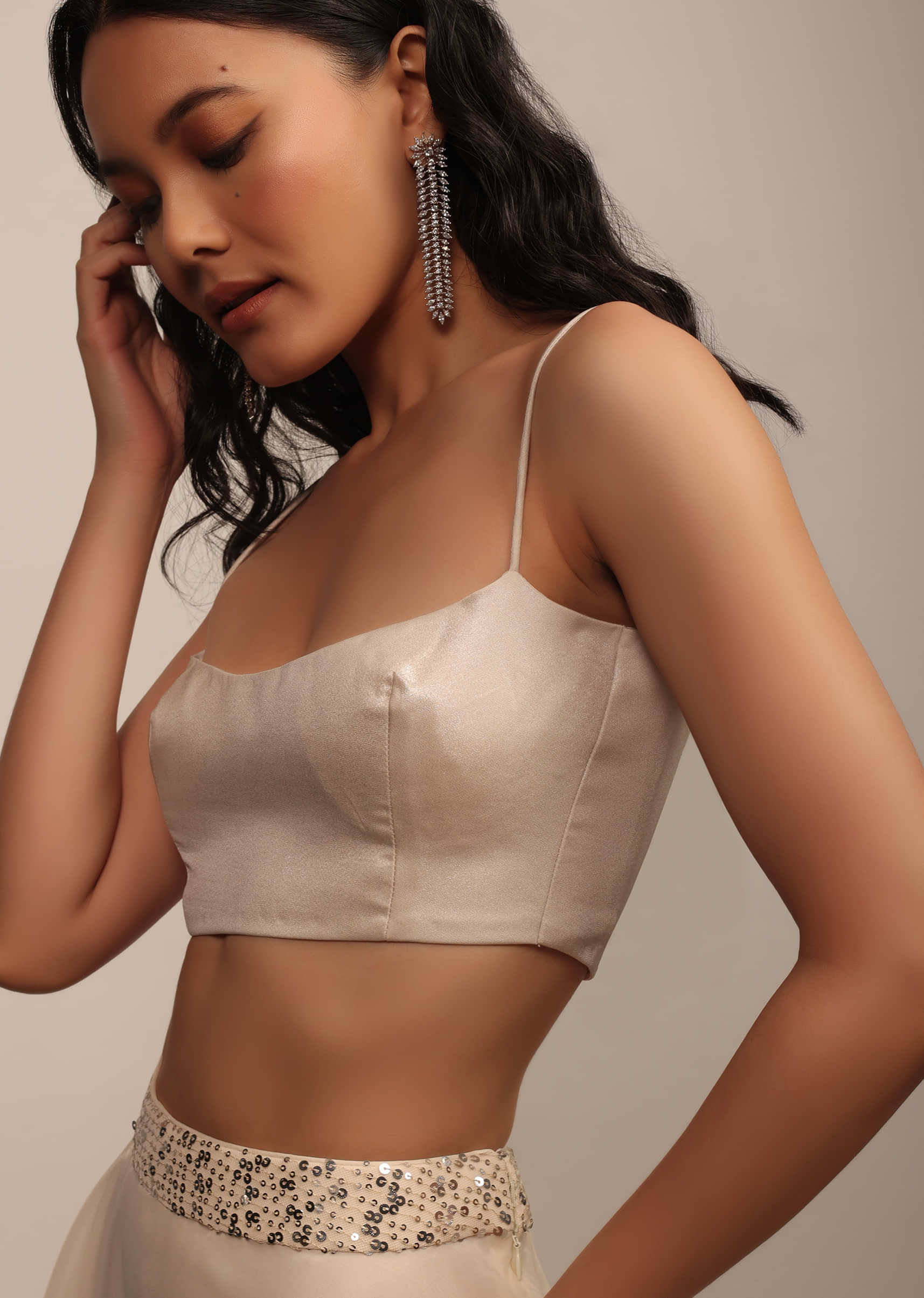 Pearl White Strappy Blouse With Scoop Neckline In Satin