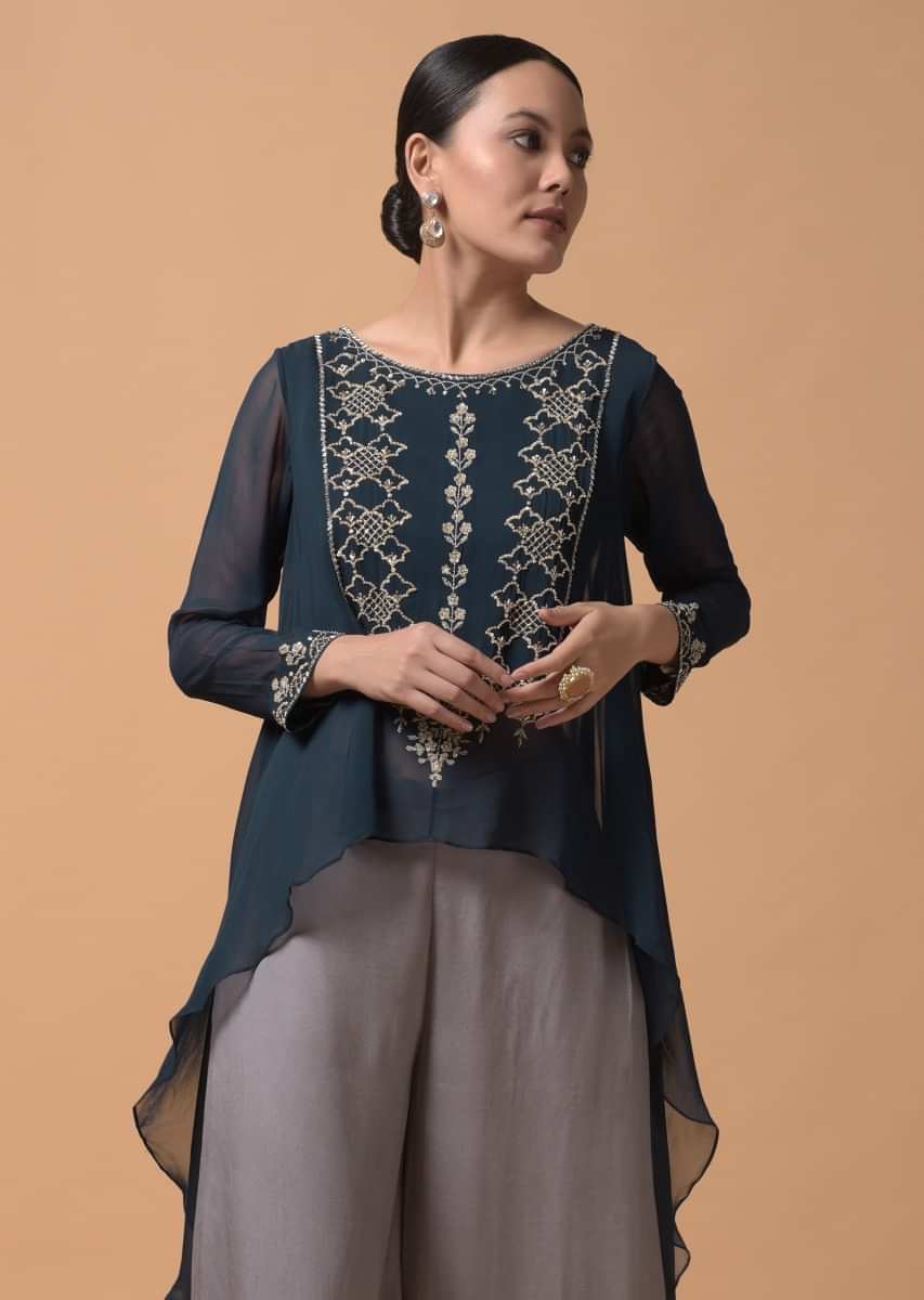 Persian Blue A Line Palazzo Suit With High Low Hemline And Zari Embroidered Floral Design On The Bodice  