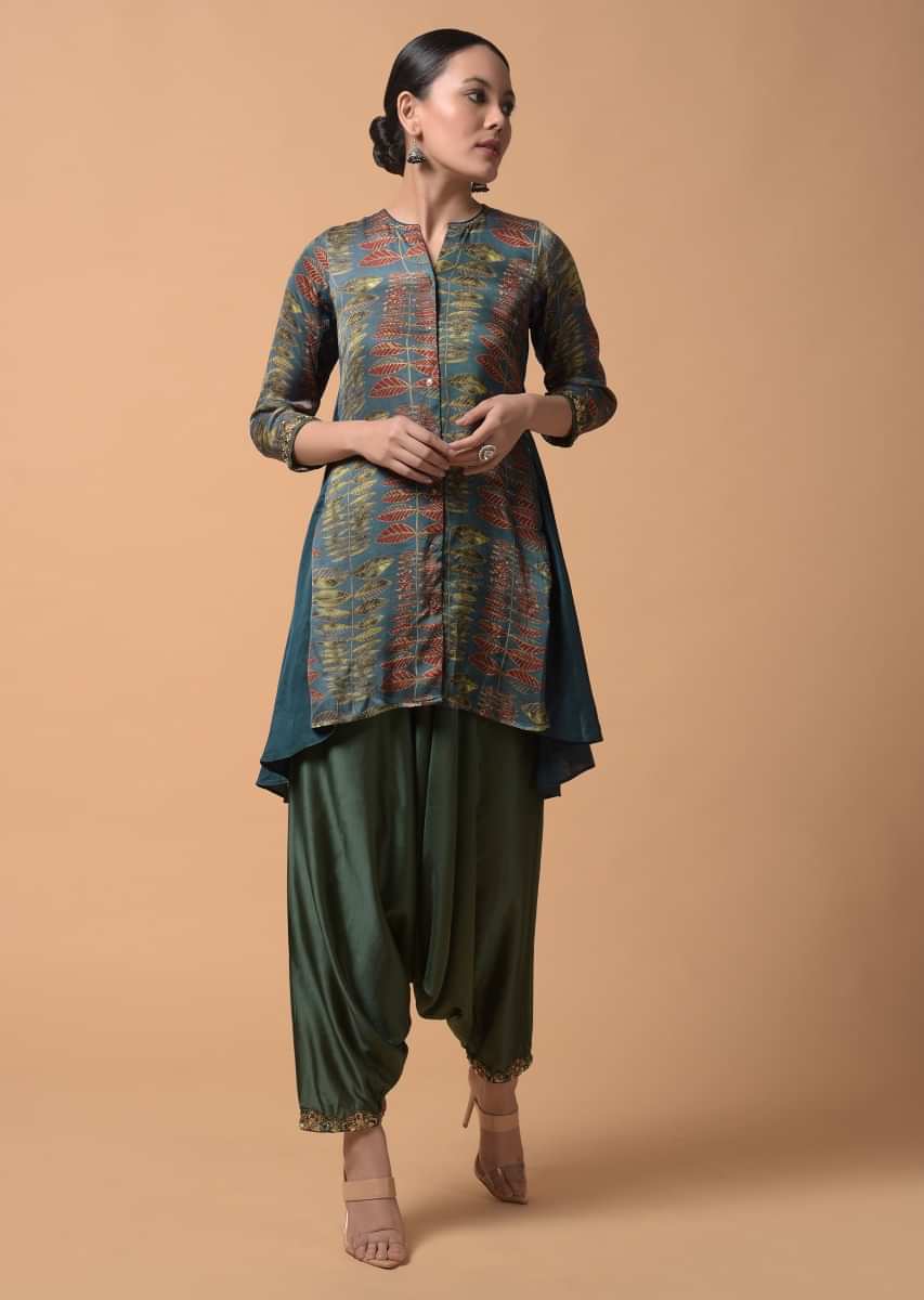 Persian Blue Dhoti Suit In Satin With Printed Leaf Design And Bandhani Printed Jacket  