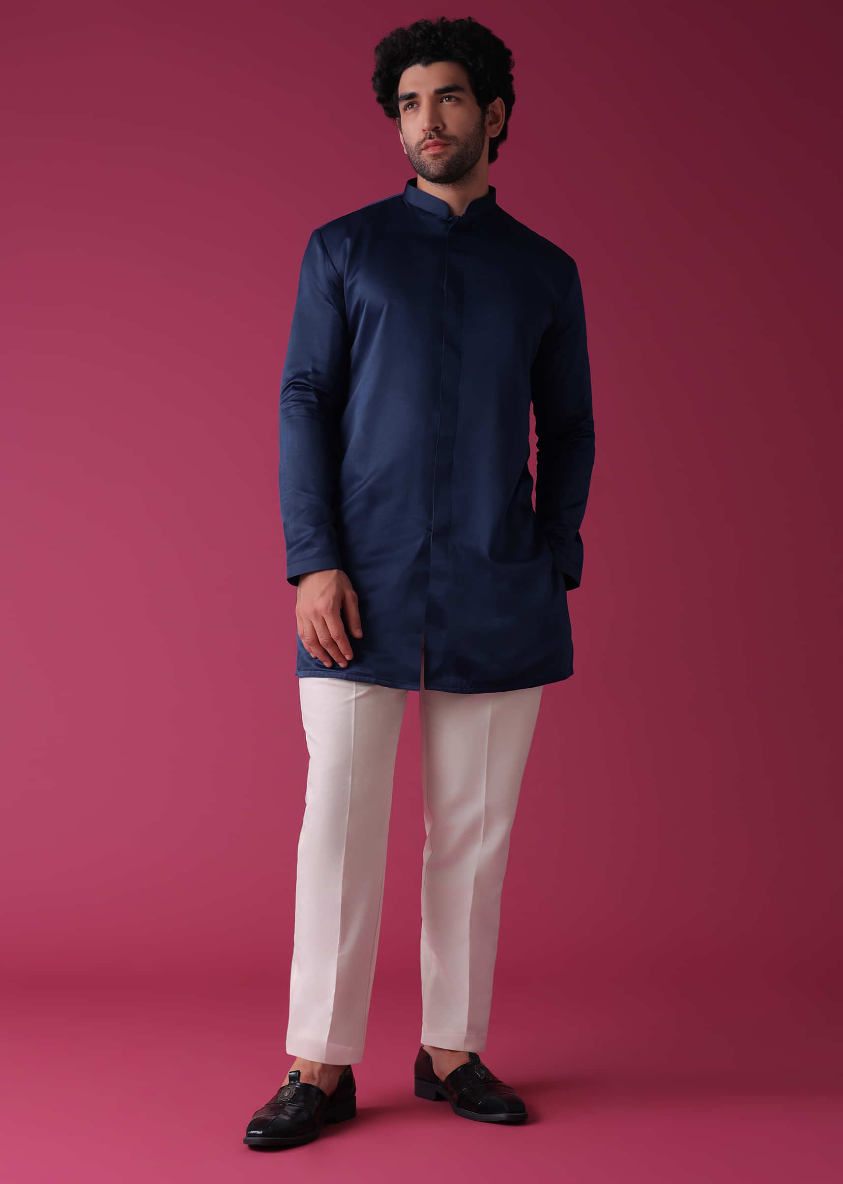 Persian Blue Jacket Kurta Set In Georgette With Detailed Threadwork pattern