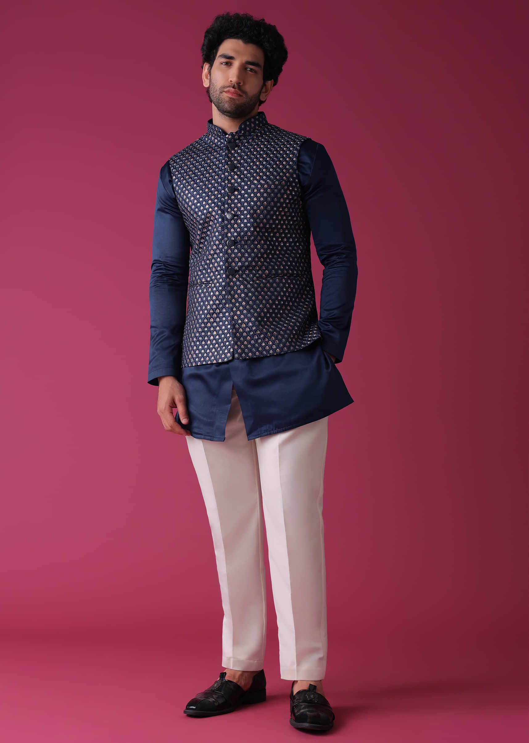Persian Blue Jacket Kurta Set In Georgette With Detailed Threadwork pattern