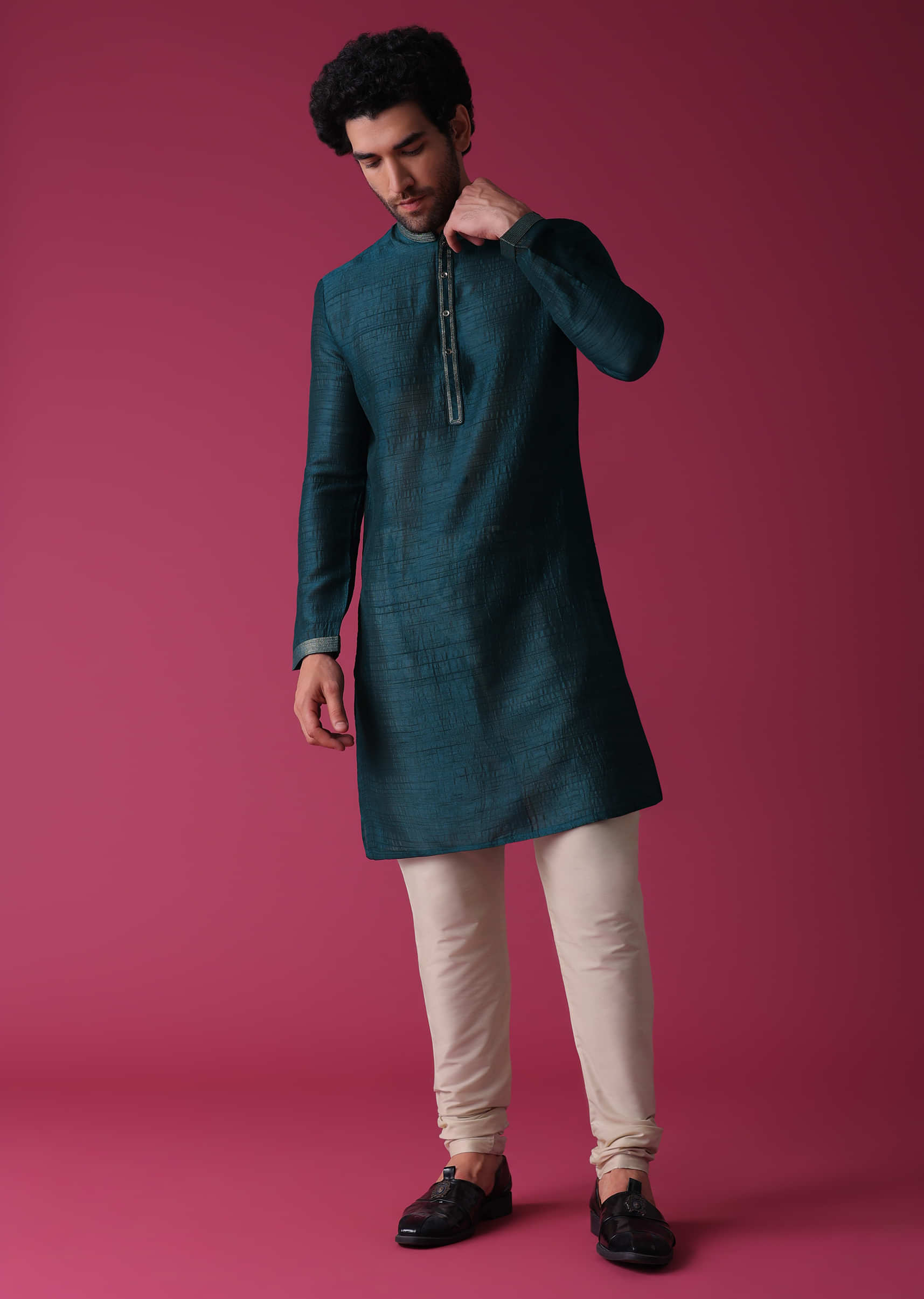 Persian Blue Jacket Kurta Set In Silk With Zari Embroidery