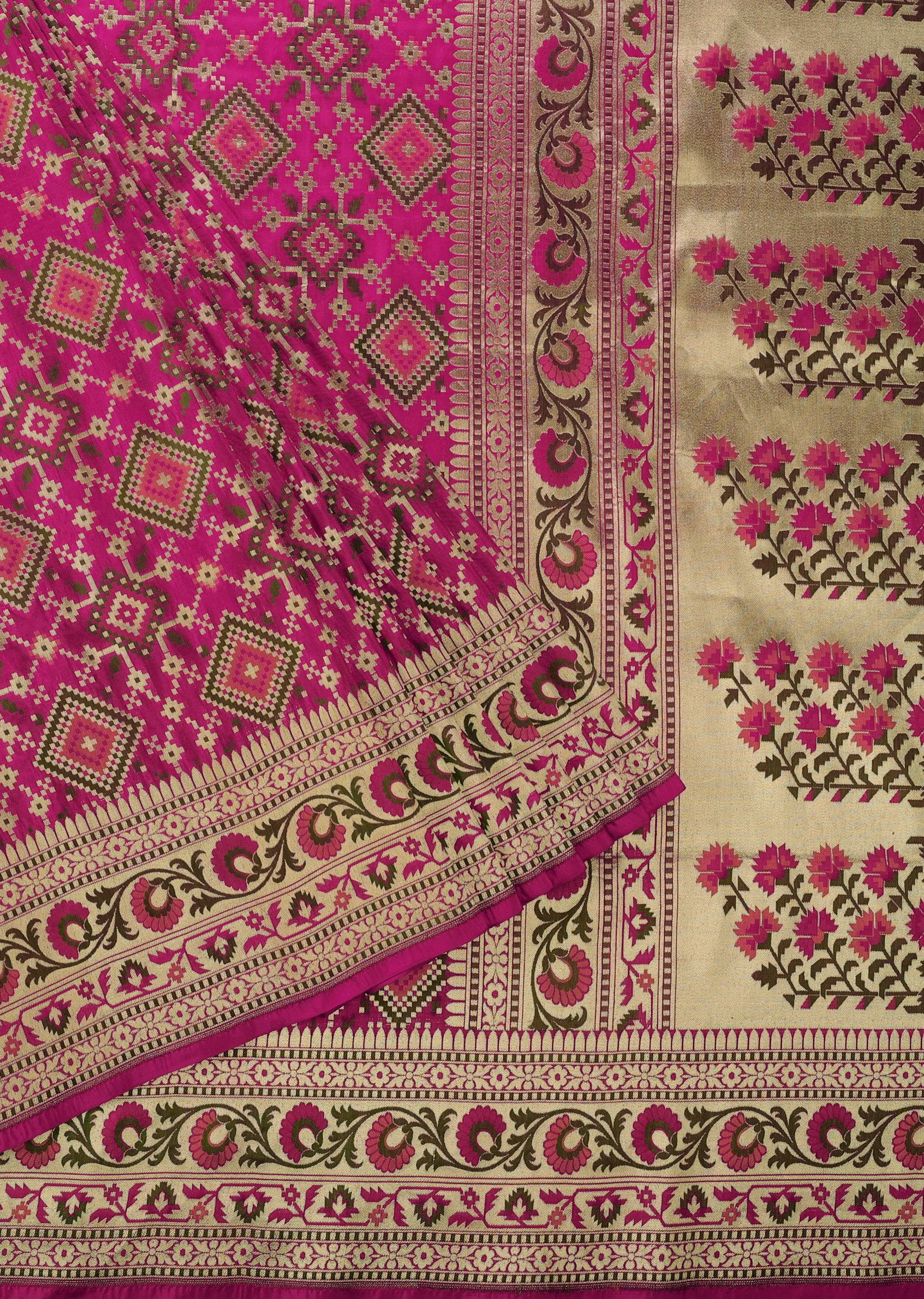 Persian Pink Banarasi Patola Saree With Ikat Weave In Katan Silk