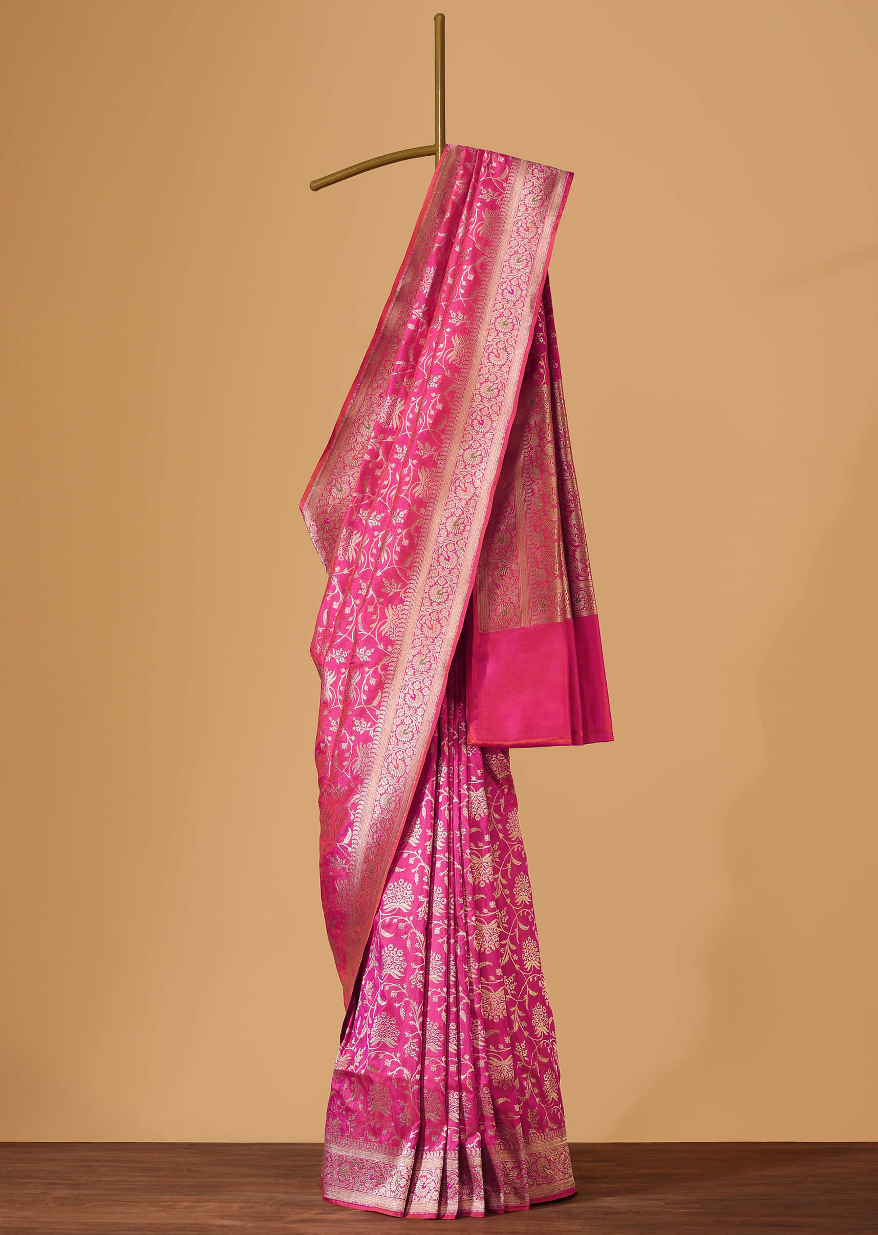 Persian Pink Handloom Banarasi Saree In Uppada Silk With Gold Weave Meenakari Border