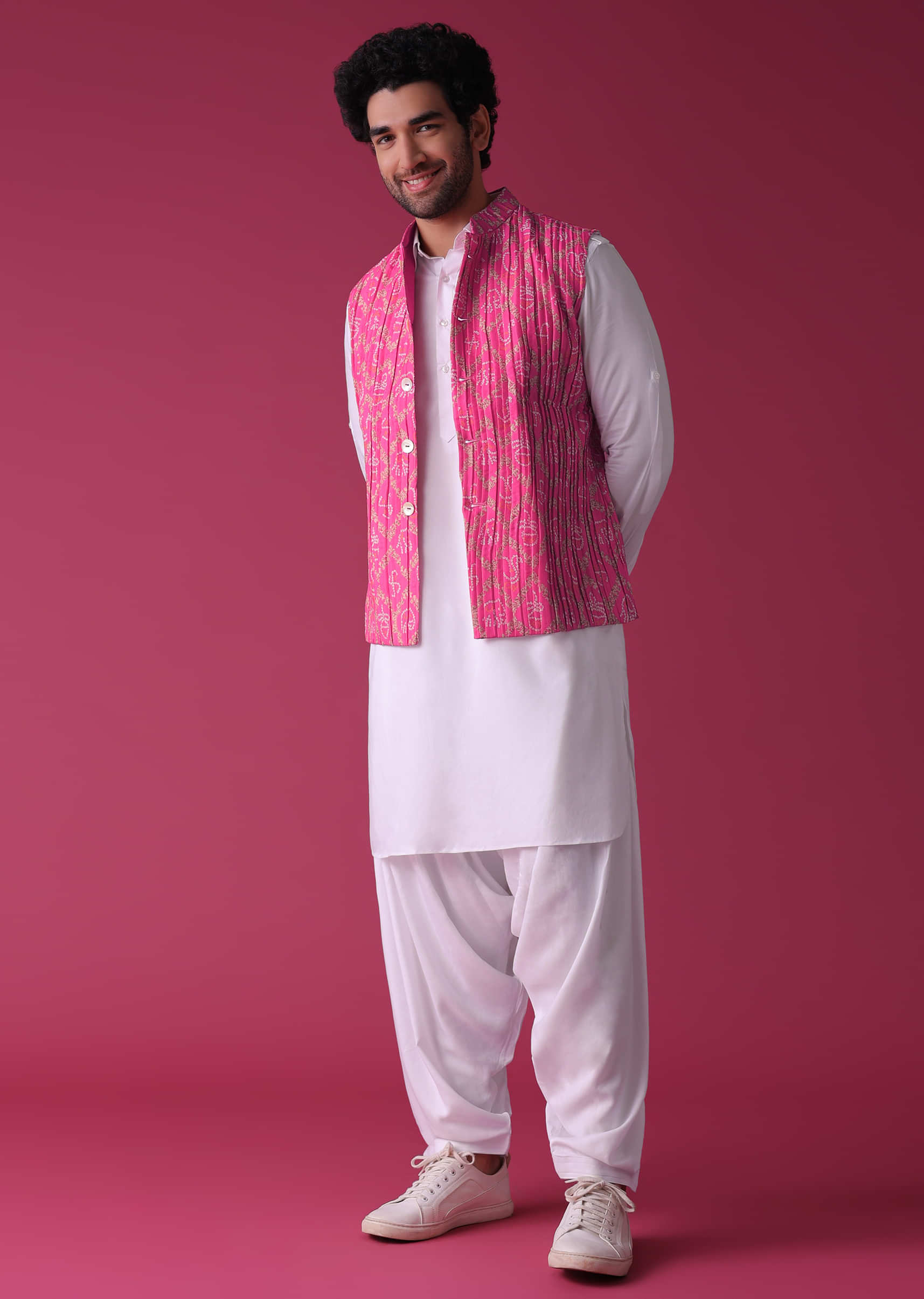 Persian Pink Jacket Kurta Set In Tussar Silk With Bandhani Print