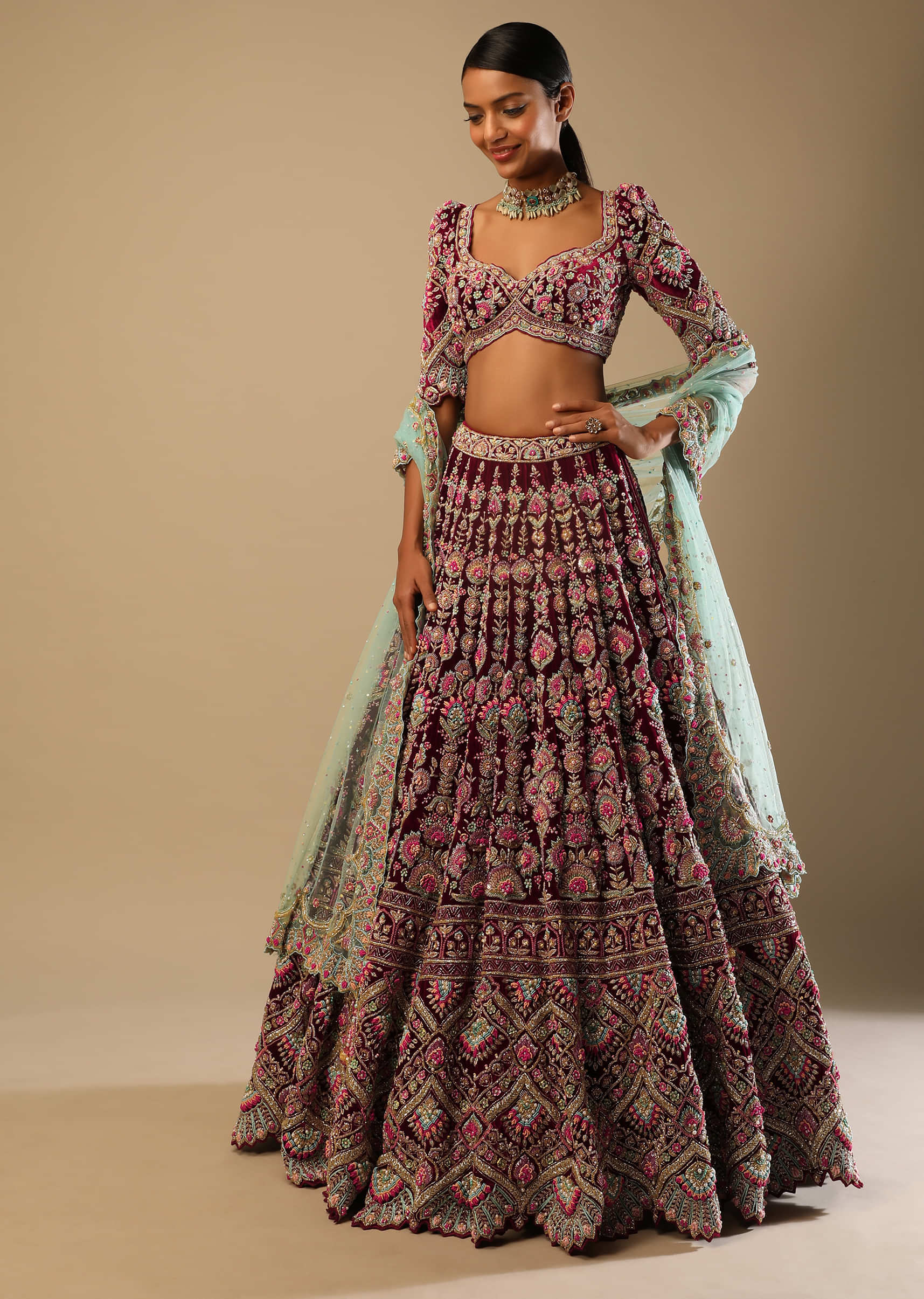 Persian Red Lehenga Puff Sleeves Choli With Multi Colored Hand Embroidered Floral Kali And Scalloped Border 
