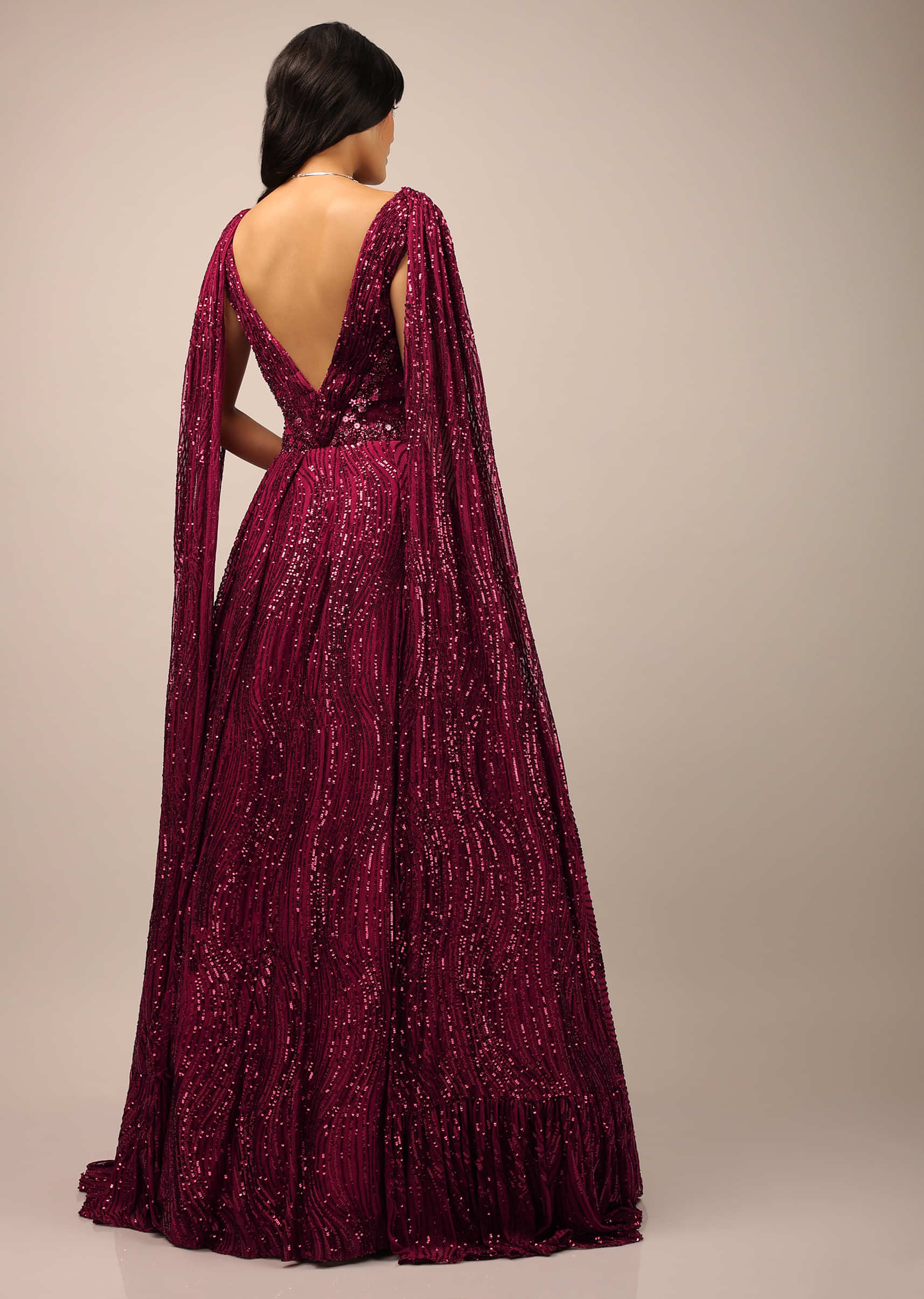 Persian Red Sequins Embellished Gown With Sheer Net On The Waist