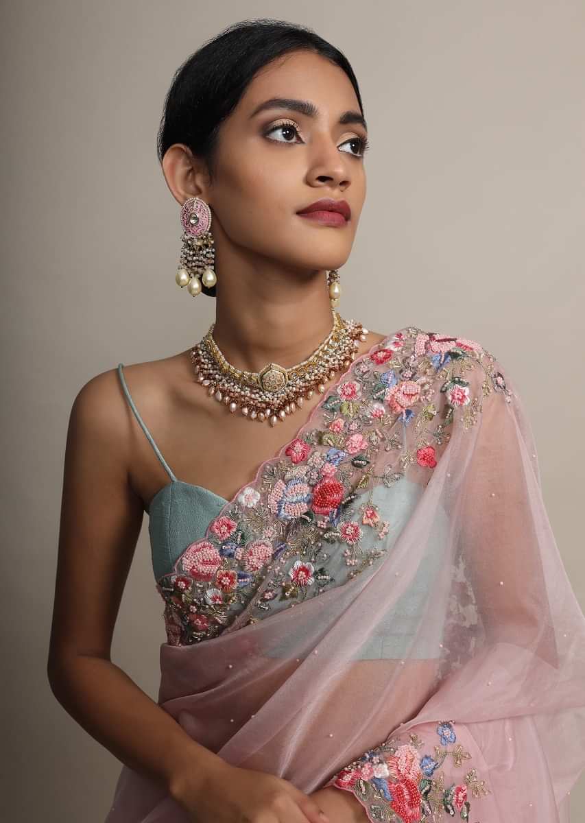 Petal Pink Saree In Organza With Resham Embroidered Floral Design On The Border  