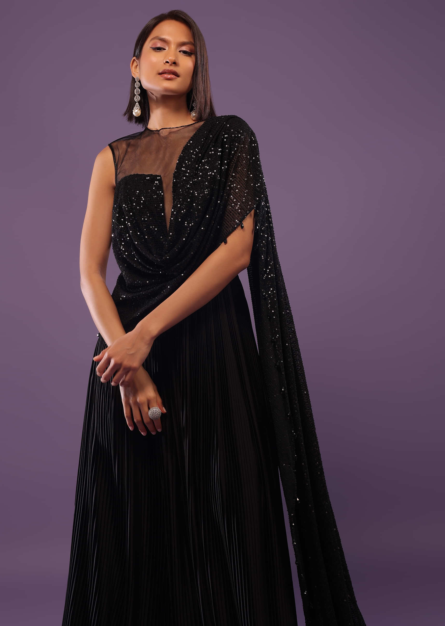 Phantom Black Embroidered Gown In Satin And Sequins