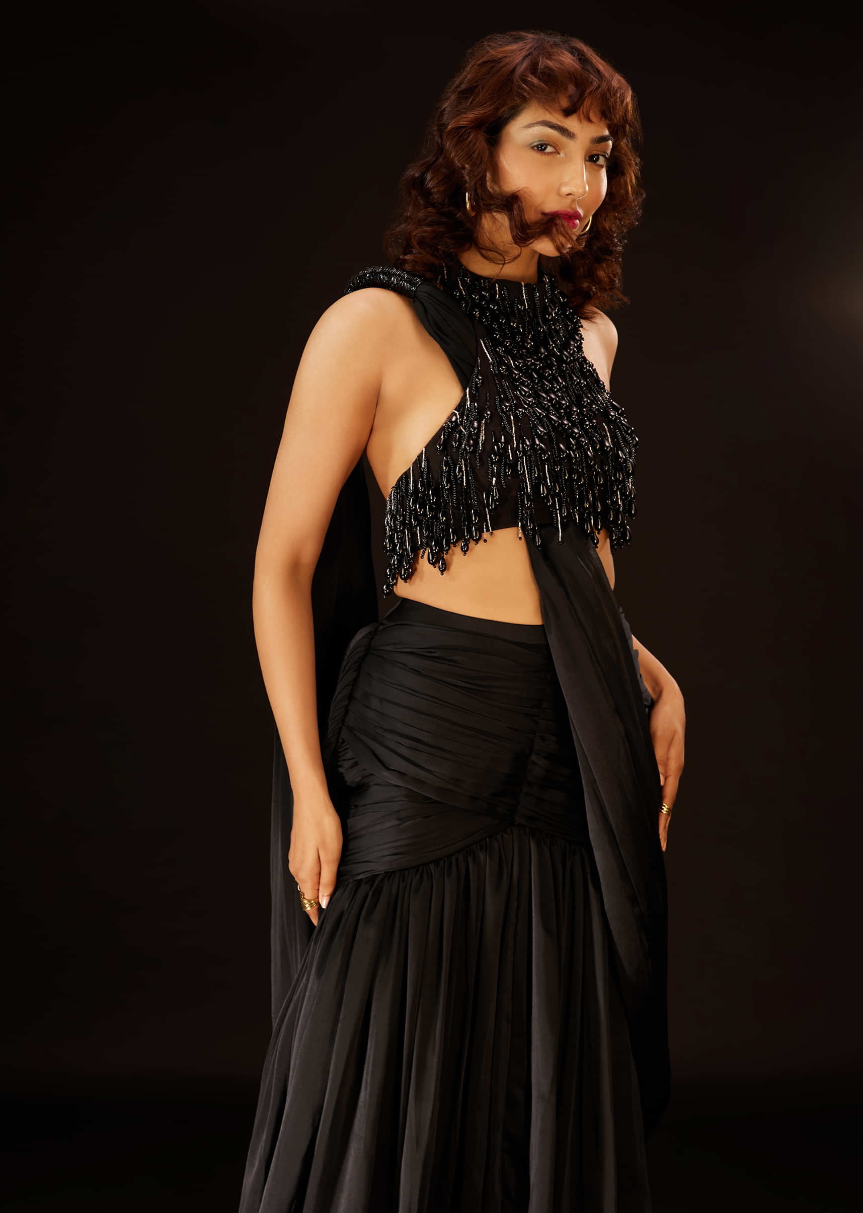 Phantom Black Pre-Pleated Saree In Satin With An Embroidered Halter Blouse - DEME X KALKI