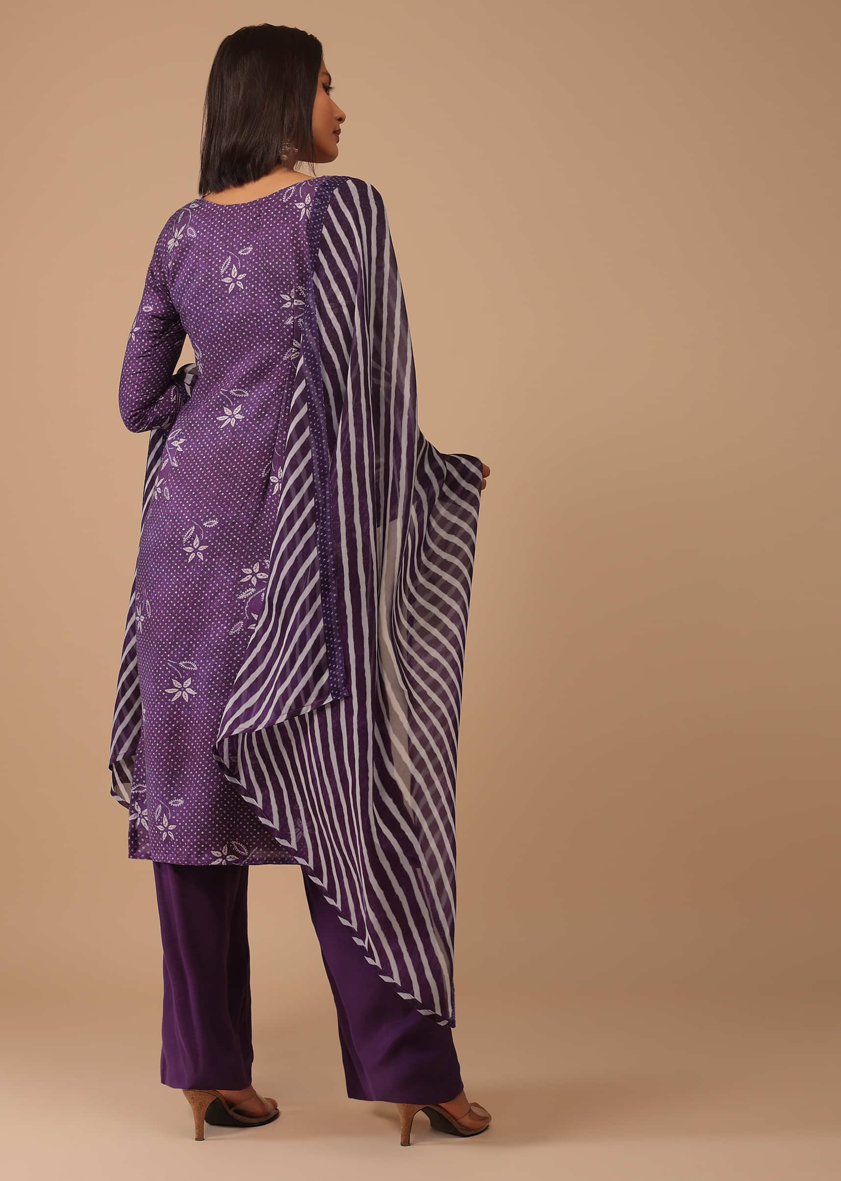 Violet Purple Embroidered Bandhani Printed Cotton Palazzo Suit With Leheriya Dupatta