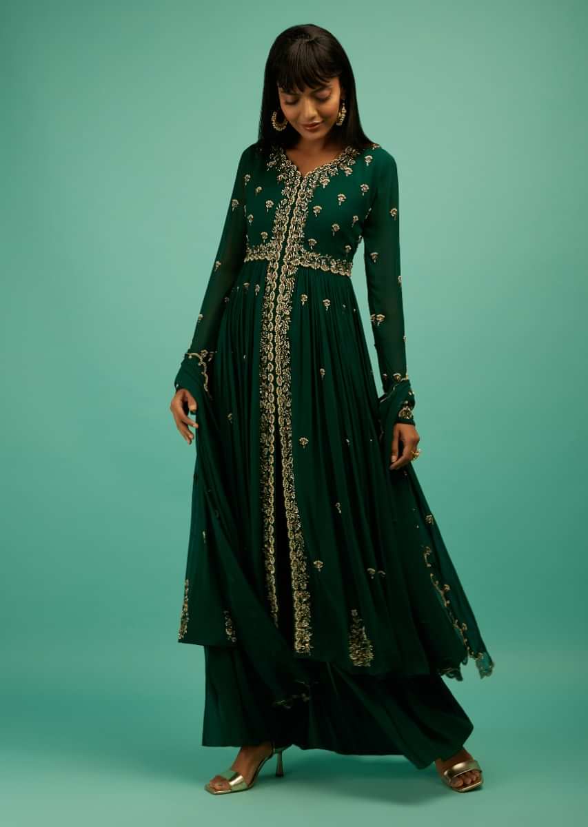 Pine Green Palazzo Suit In Georgette With Front Slit Kurti Featuring Cut Dana And Moti Buttis  