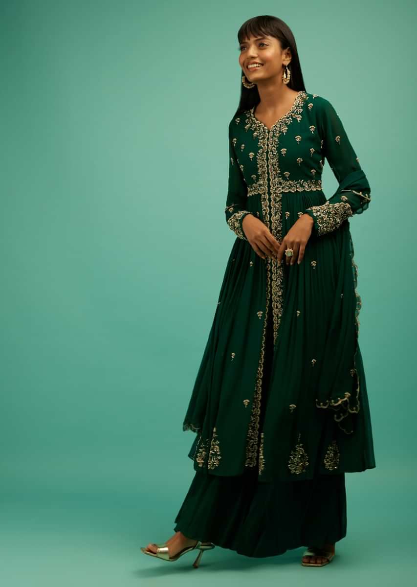 Pine Green Palazzo Suit In Georgette With Front Slit Kurti Featuring Cut Dana And Moti Buttis  