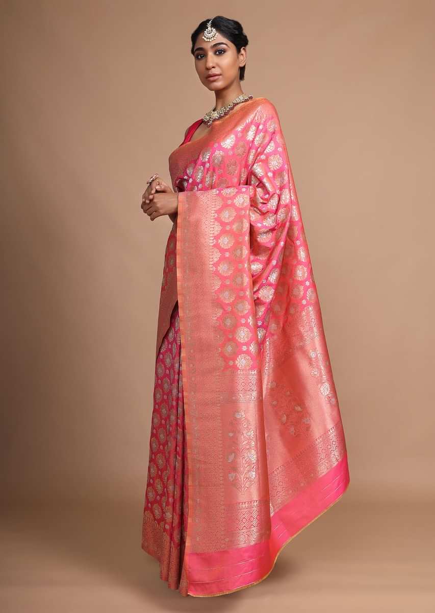 Pink art handloom Saree In Silk With Weaved Floral Buttis