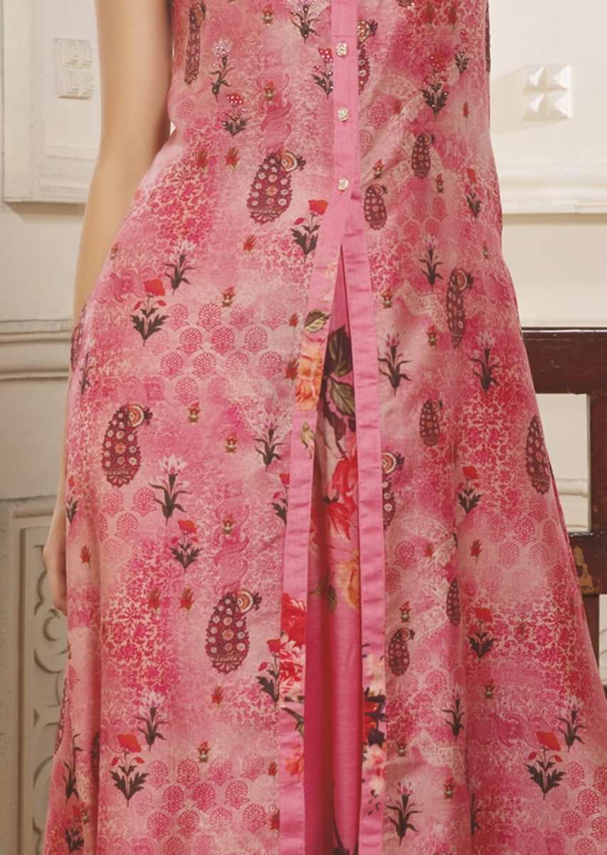 Pink High Low Kurti And Skirt Set In Silk Enhanced With Digital Print  