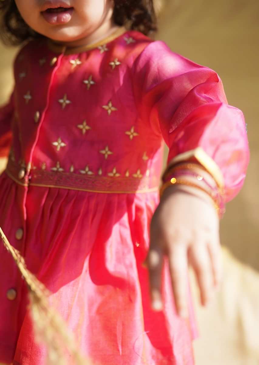 Kalki Girls Pink Peplum Kurti And Dhoti Set In Hand-woven Chanderi Silk With Butti Embroidery By Tiber Taber
