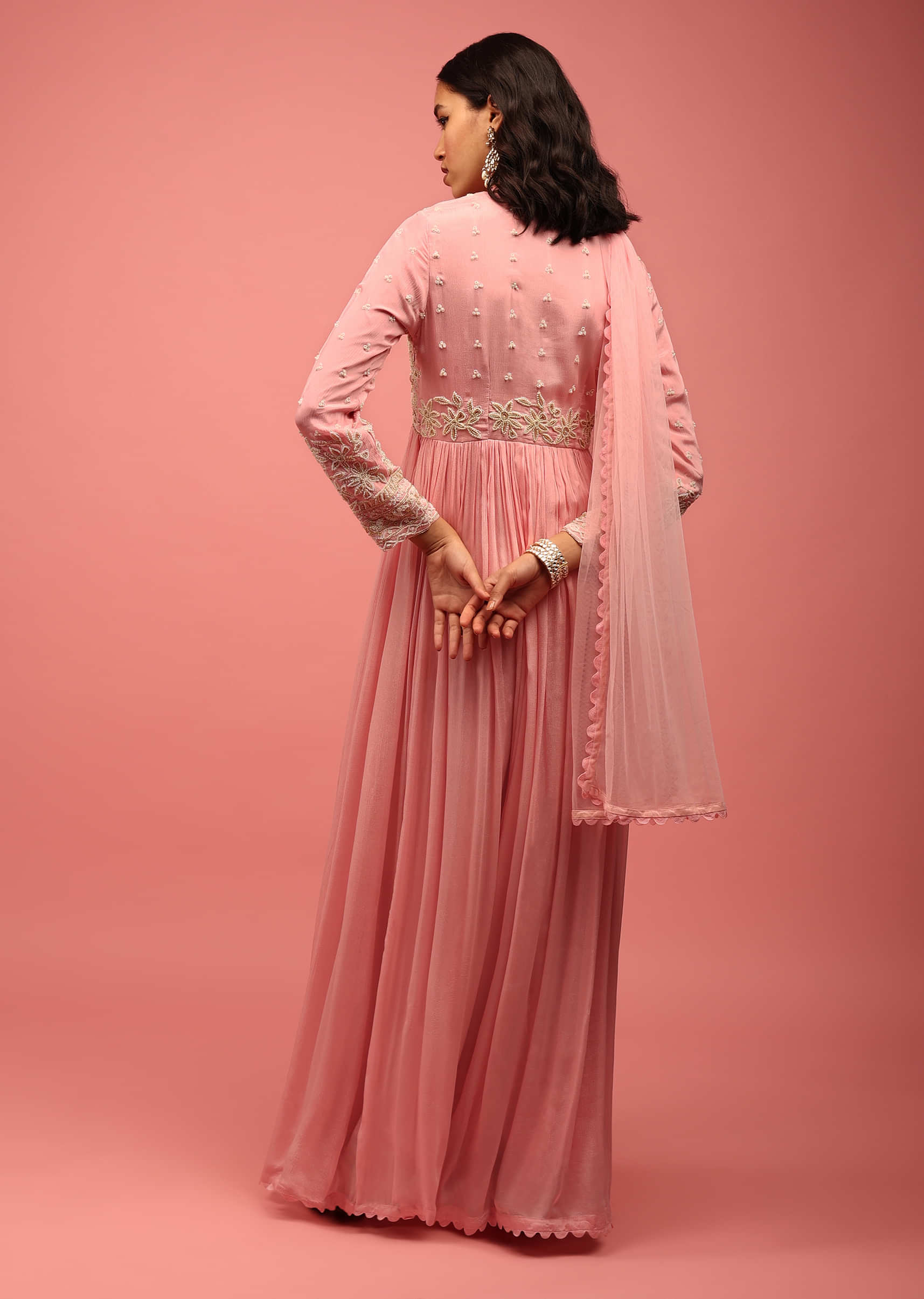 Blush Pink Anarkali Suit In Chiffon With Empire Style Heavily Embroidered Bodice Paired In Moti Work