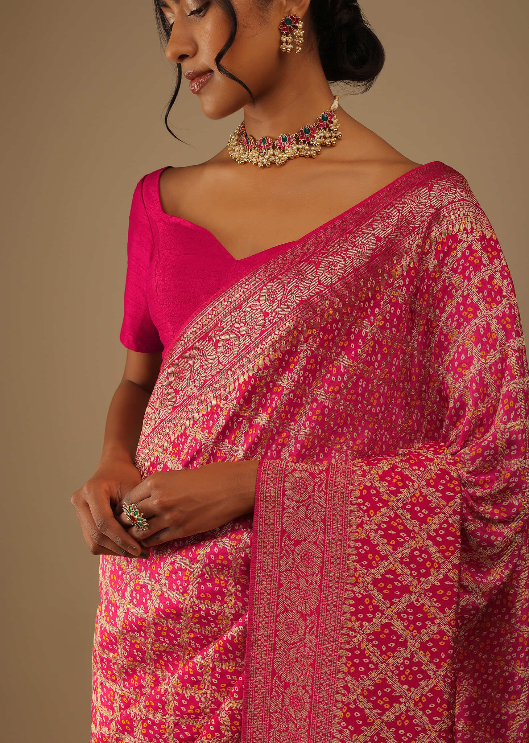 Pink And Red Saree In Digital Bandhani Print,Crafted In Brocade Silk With Zari Embroidery