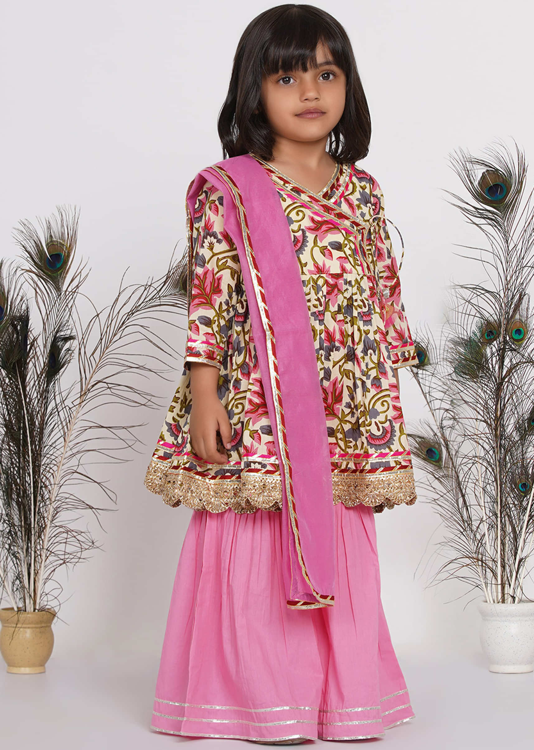 Kalki Girls Pink Angarkha Suit With Ghunghroo and Tassel work
