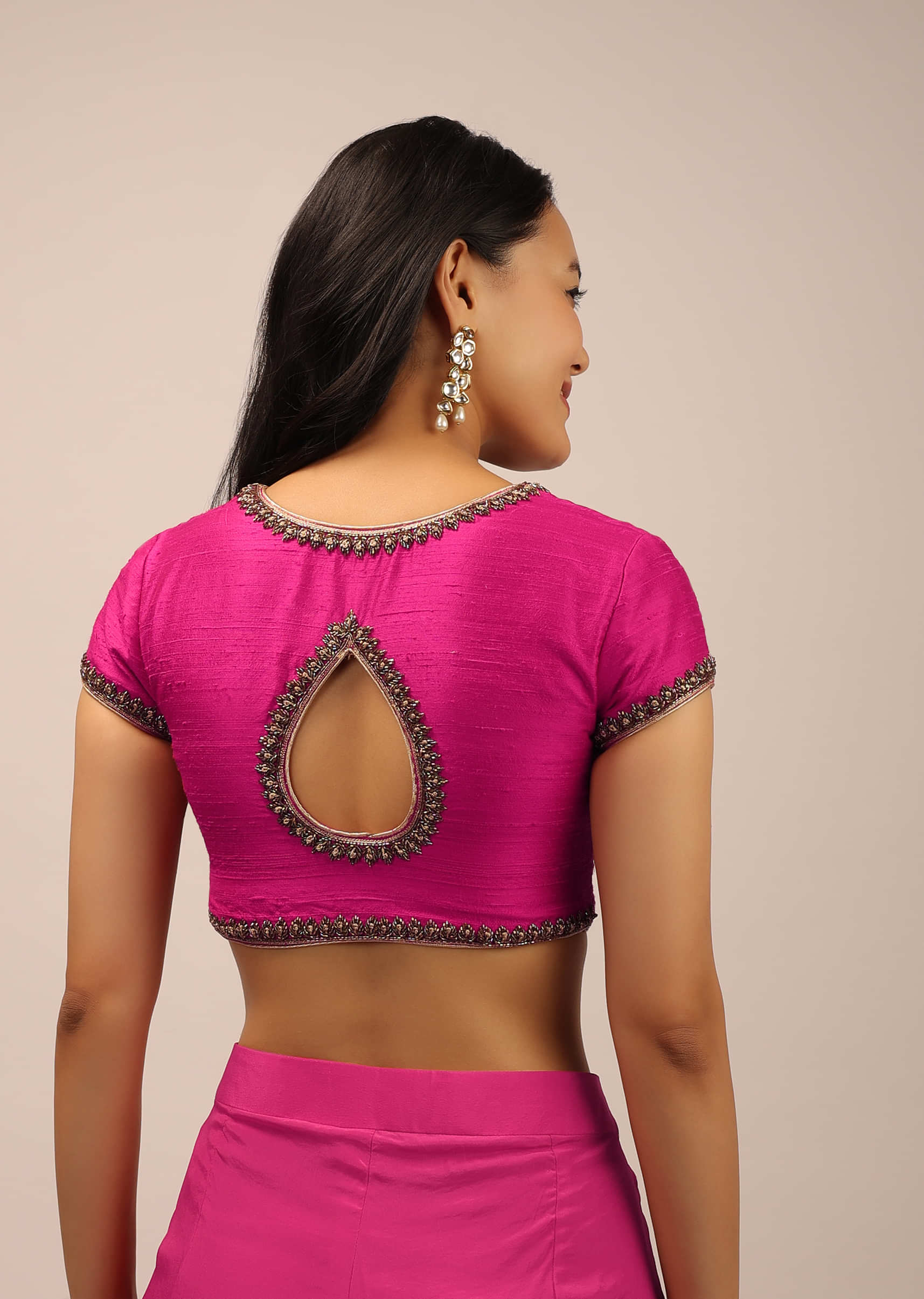Pink Blouse In Raw Silk With Cut Dana Work And V Neckline