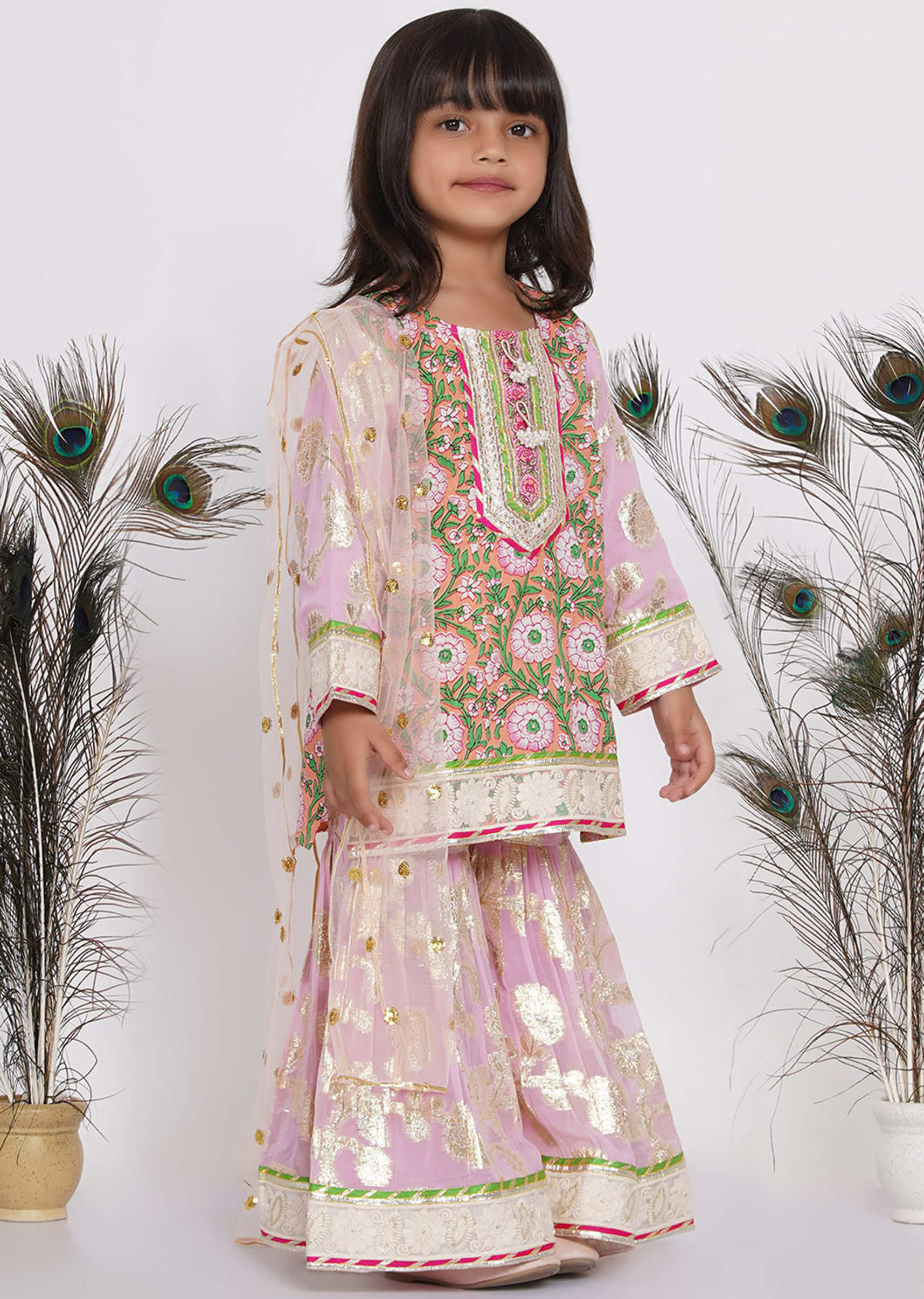 Kalki Girls Pink Cotton Sharara Suit With Embroidery