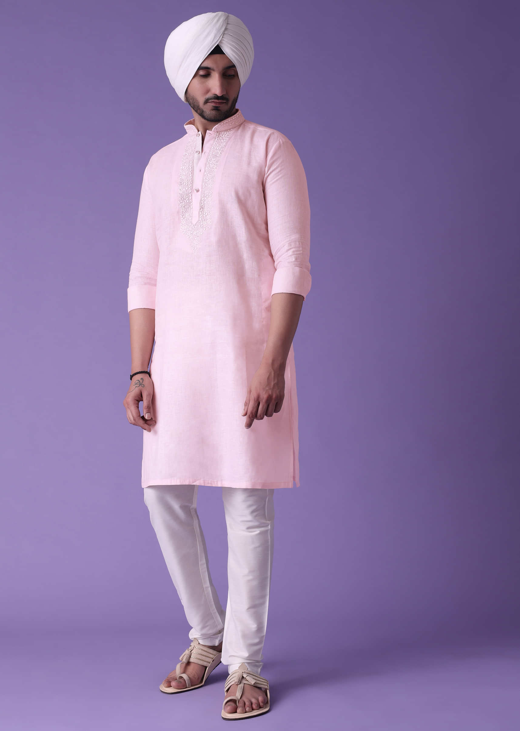 Pink Cotton Silk Embellished Kurta In Leather Embroidery