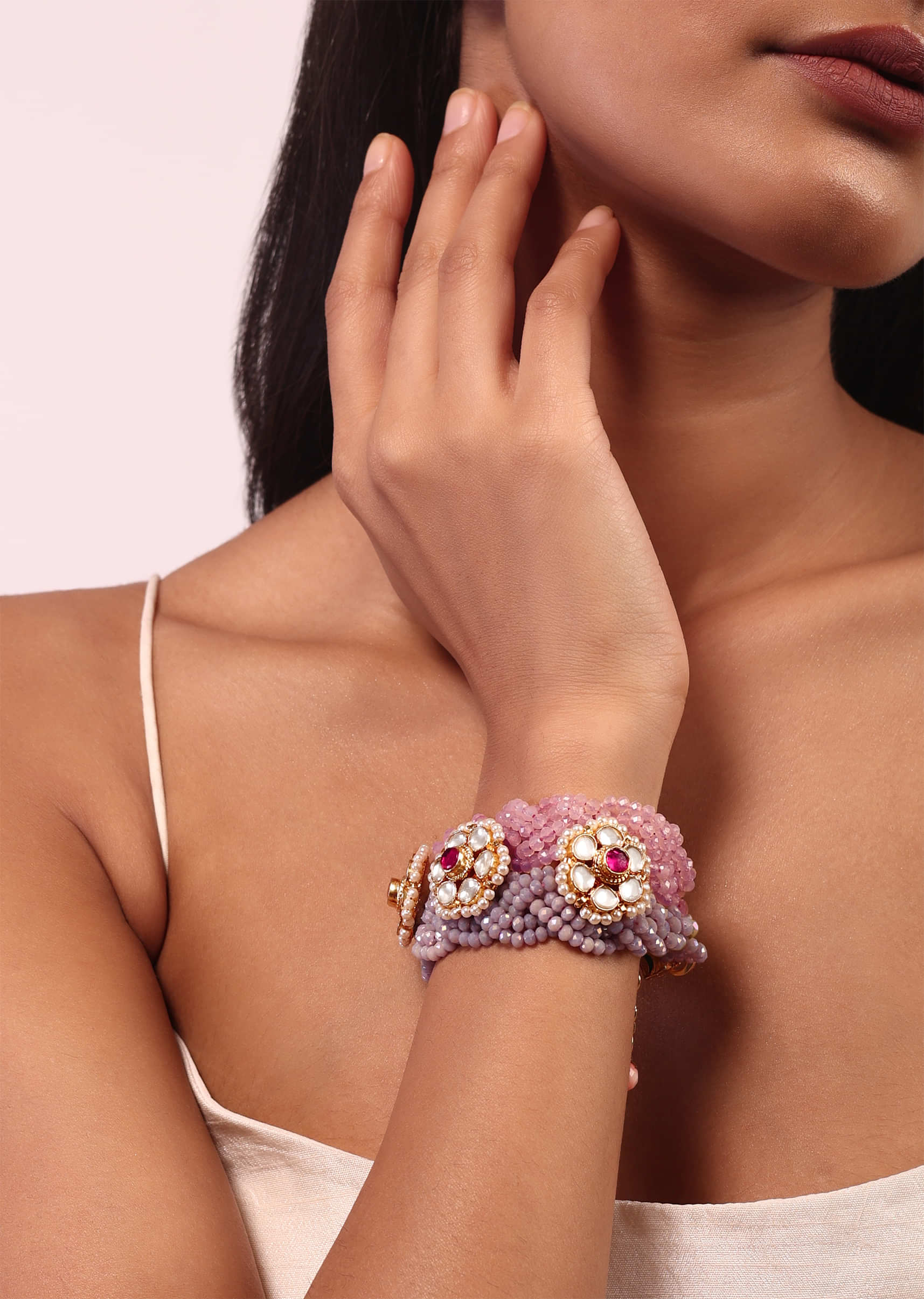 Pink Crystal Beaded With Kundan Studs Bracelet