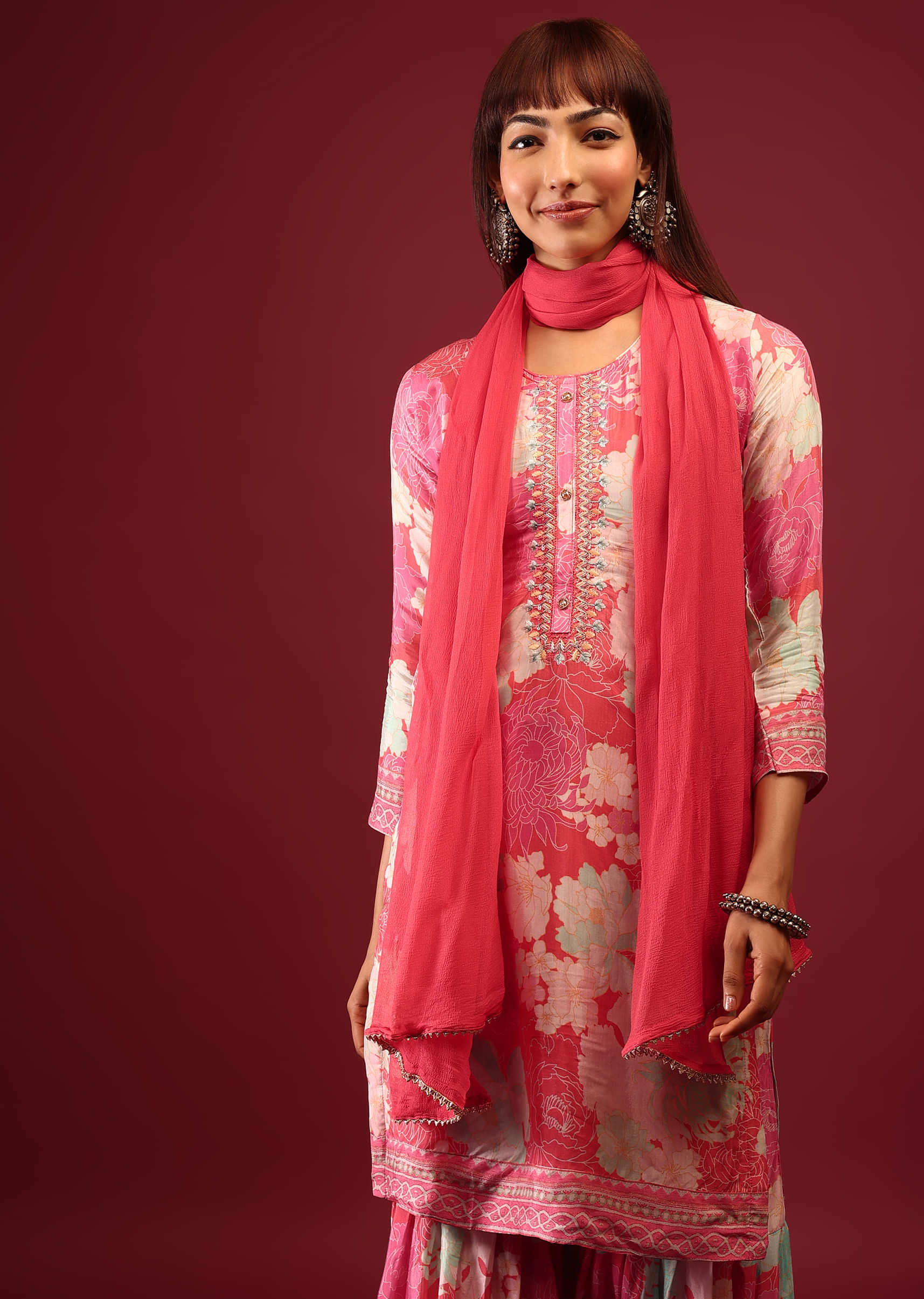 Pink Floral Print Sharara Suit With Flowy Sharara Palazzo In Thread Embroidery