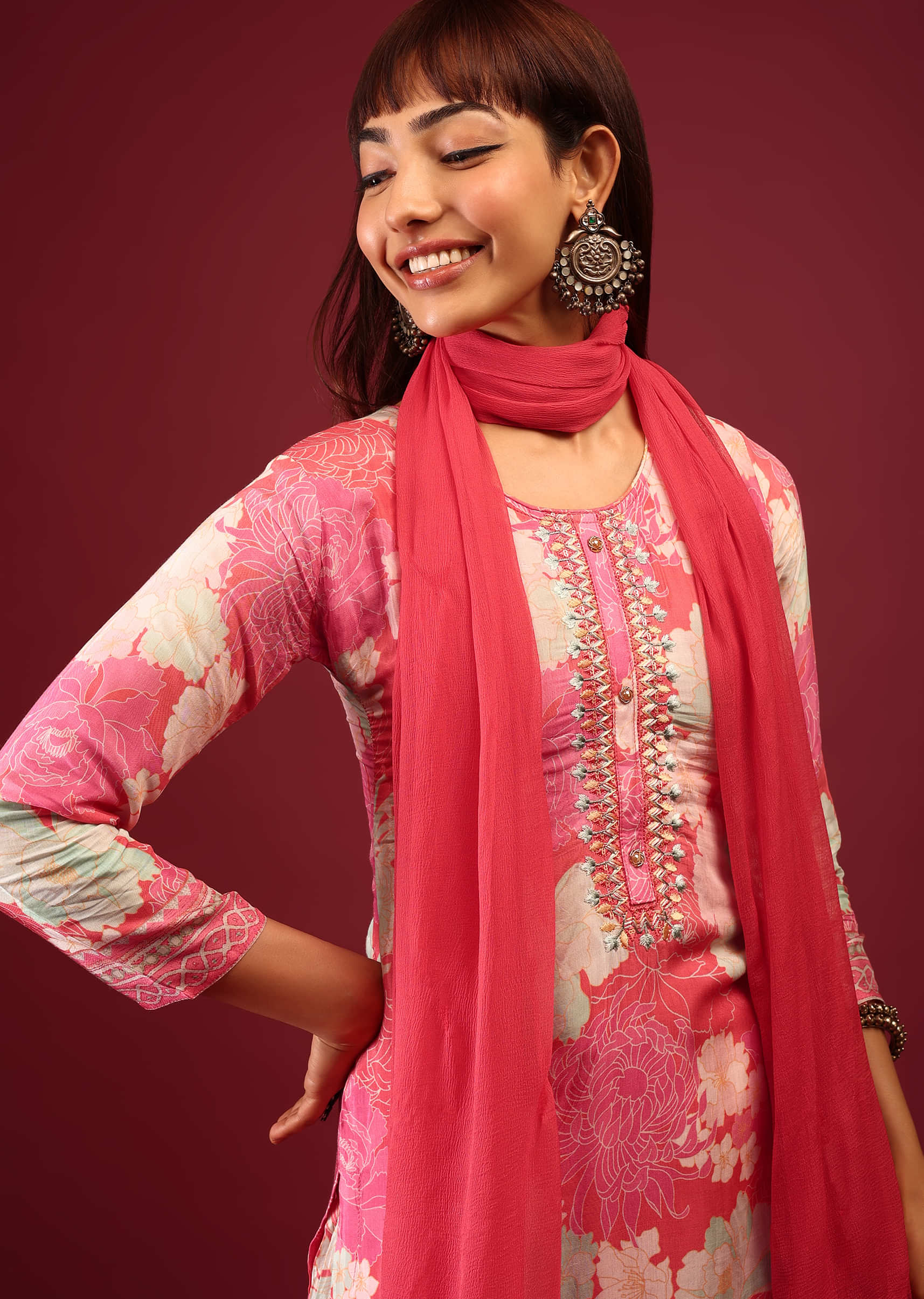 Pink Floral Print Sharara Suit With Flowy Sharara Palazzo In Thread Embroidery