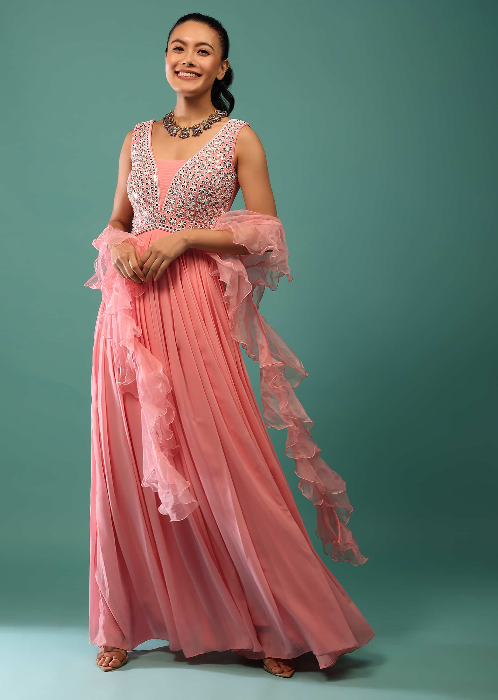 Pink Georgette Jumpsuit With Mirror Work And Ruffle Dupatta