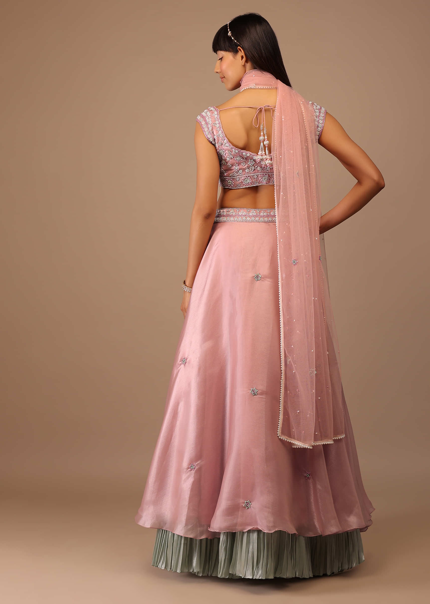 Candy Pink Hand Embroidered Crop-Top With Two-Toned Layered Organza Skirt
