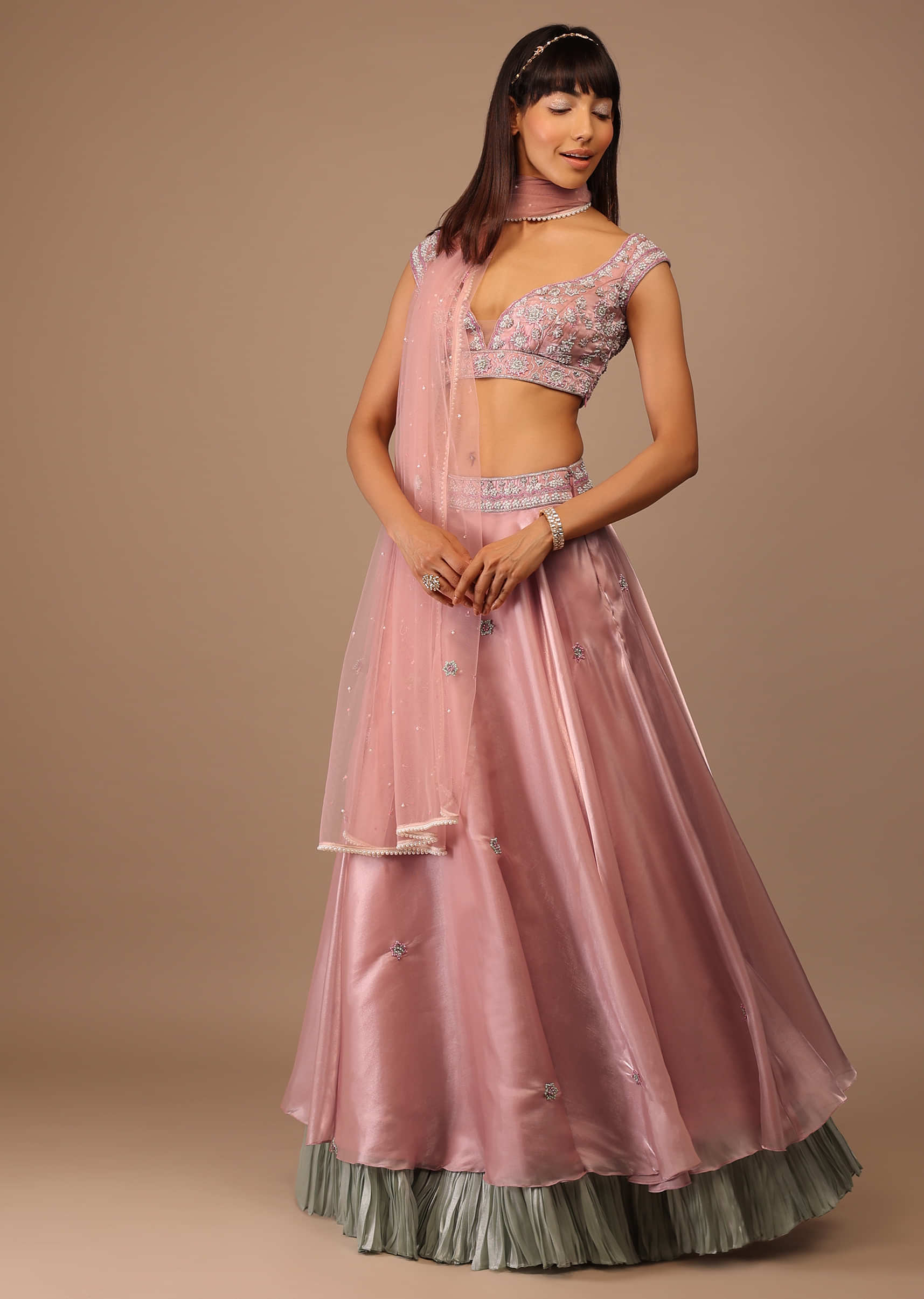 Candy Pink Hand Embroidered Crop-Top With Two-Toned Layered Organza Skirt