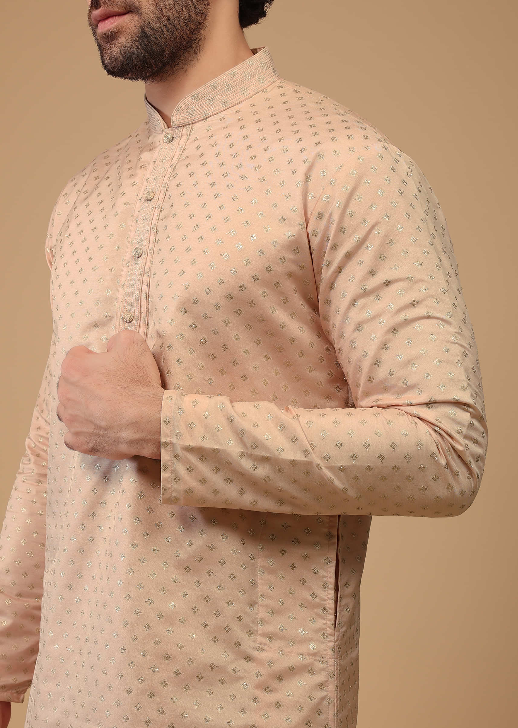 Pink Kurta Set In Handwoven Silk With Print
