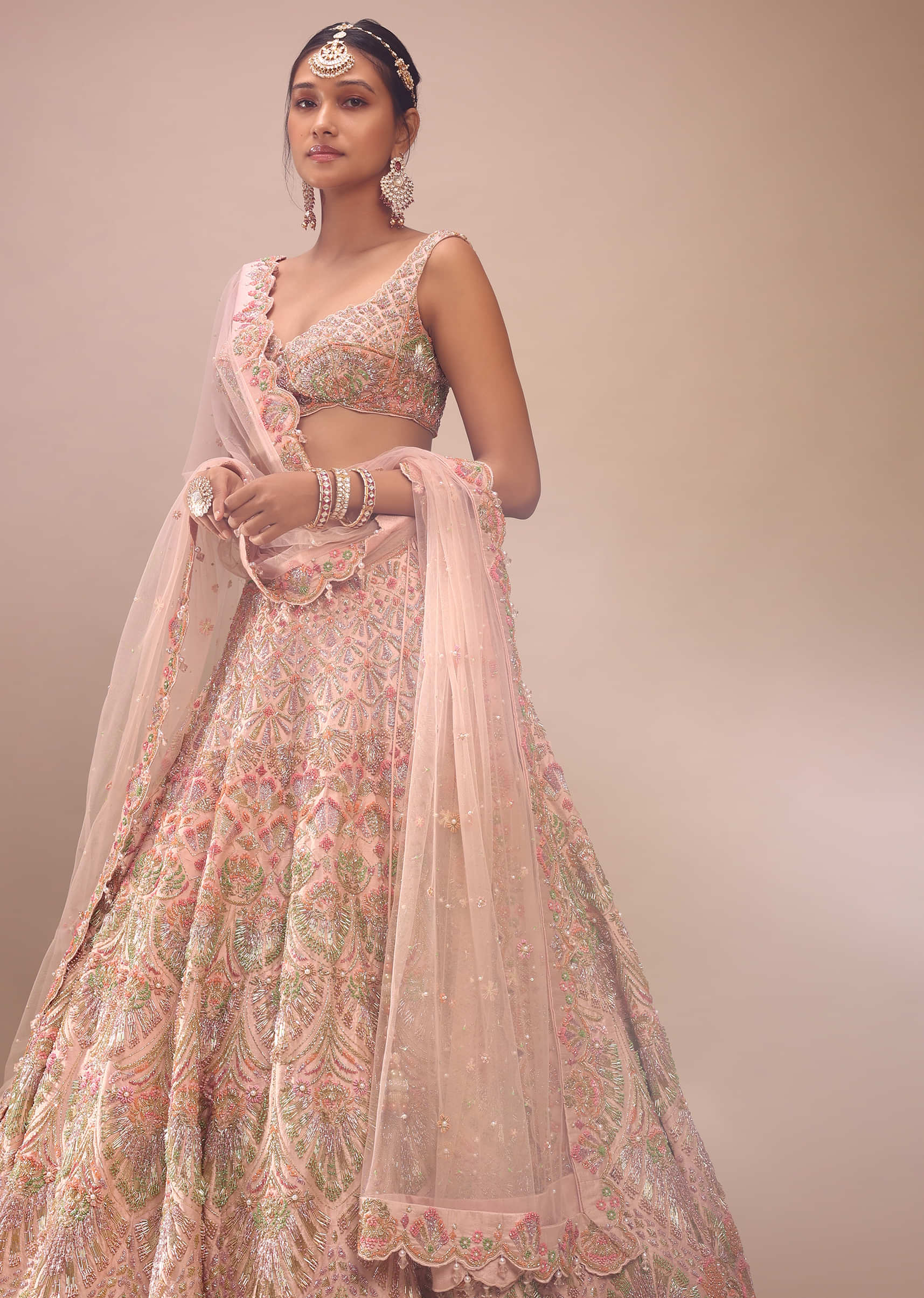 Pink Lehenga And Sleeveless Crop Top Set With A Corset Neckline In Zardozi Embroidery