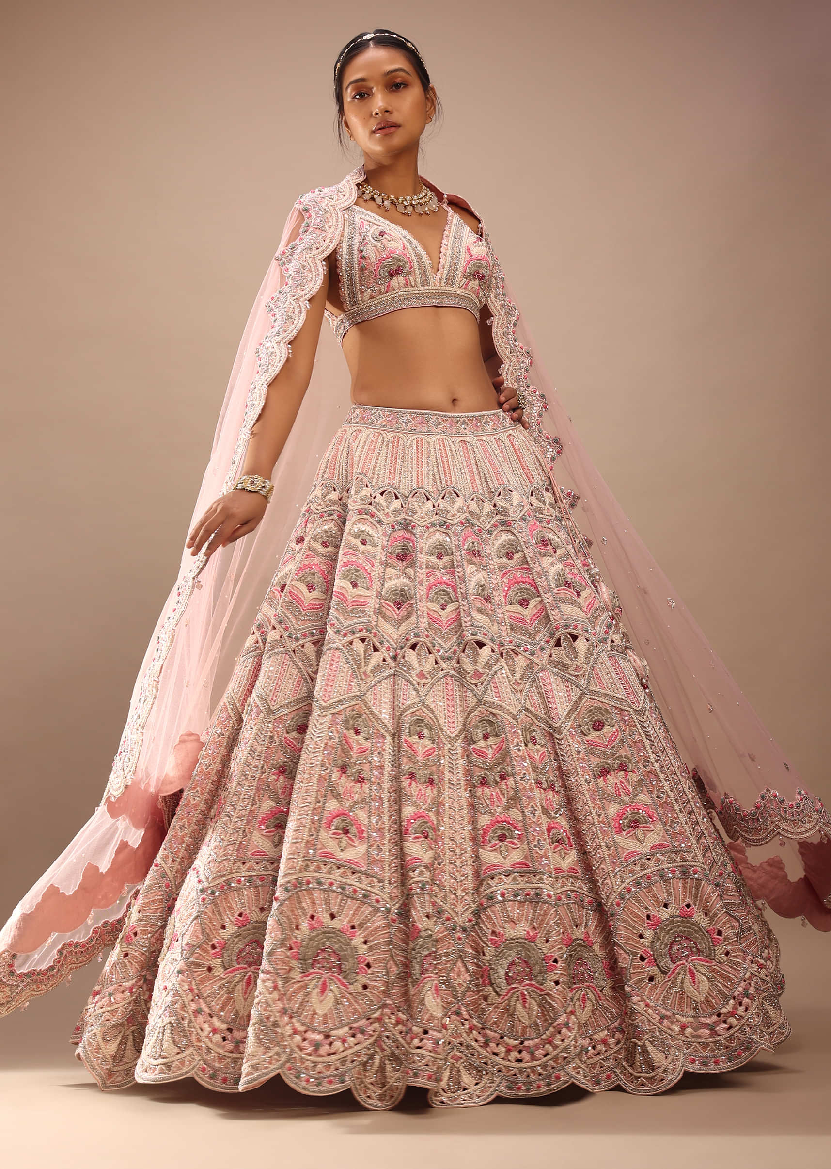 Pink Lehenga And Crop In Sequins And Cut Dana Embroidery, The Crop Top Comes In Sleeveless With Plunging Neckline