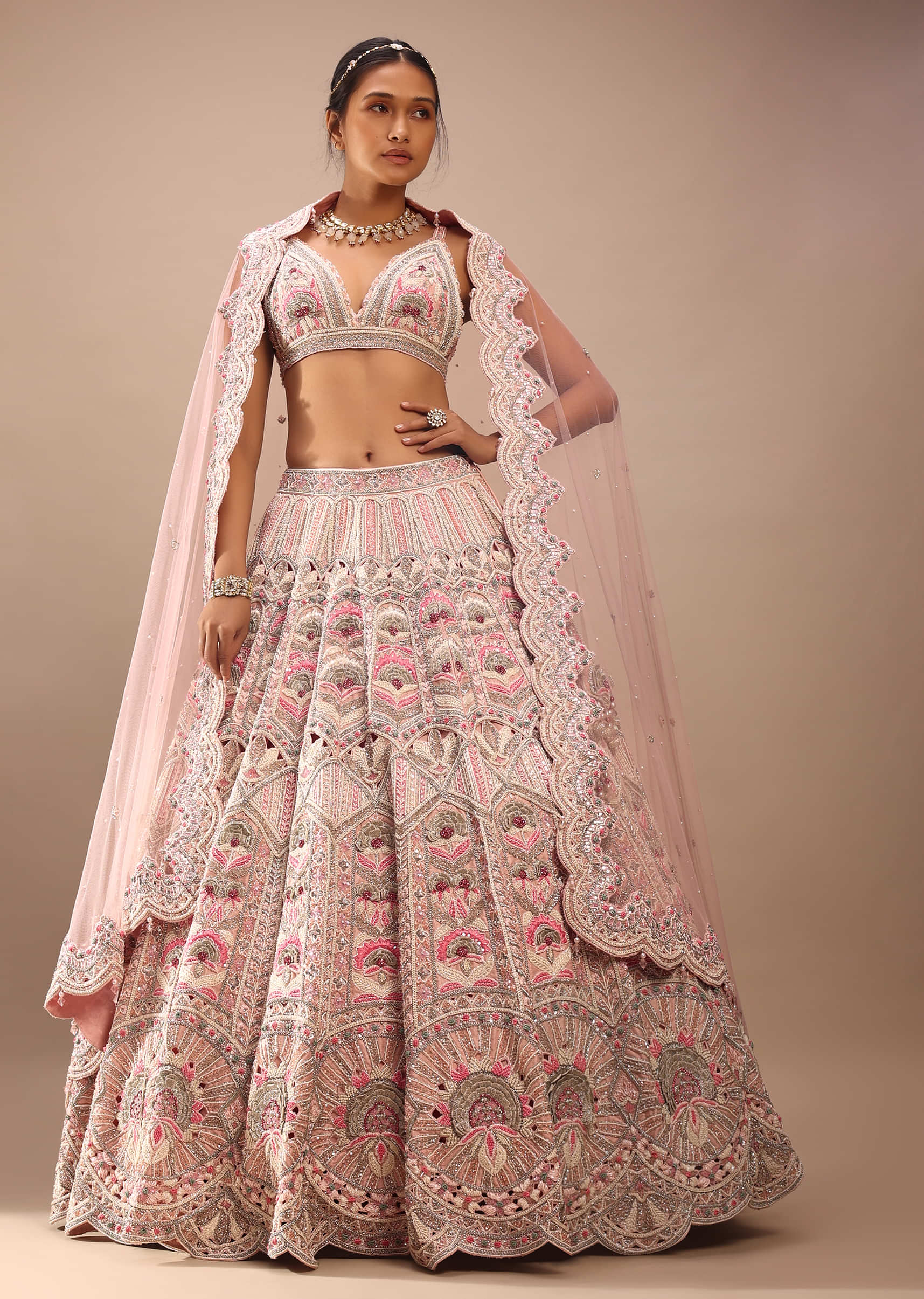 Pink Lehenga And Crop In Sequins And Cut Dana Embroidery, The Crop Top Comes In Sleeveless With Plunging Neckline