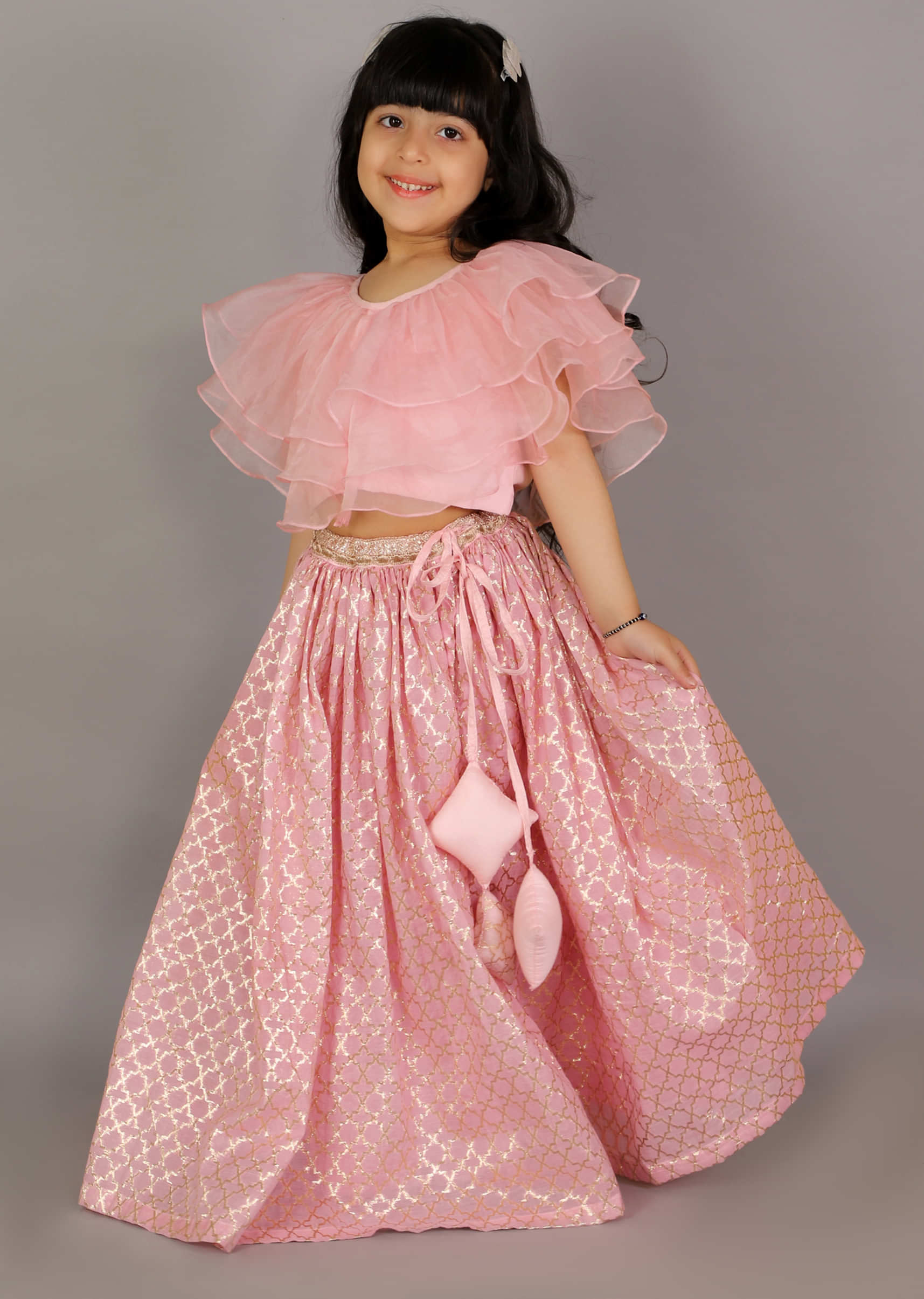 Kalki Girls Pink Lehenga And Crop Top With Organza Ruffles And Woven Design