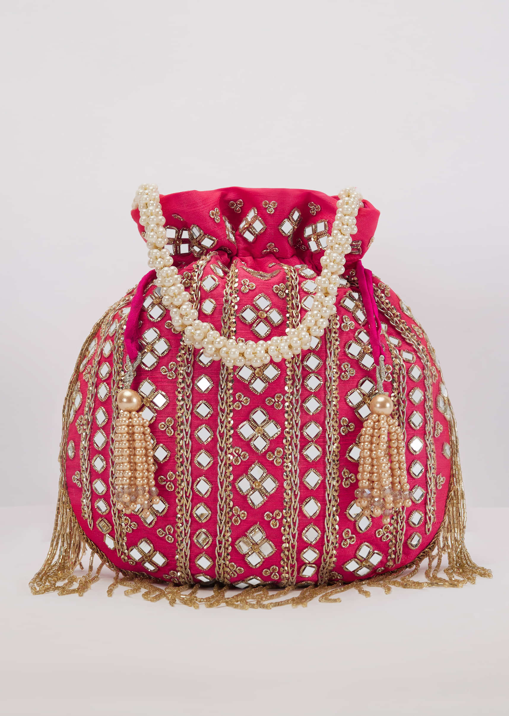 Pink Mirror Work Silk Potli With Tassels And Pearl Handle