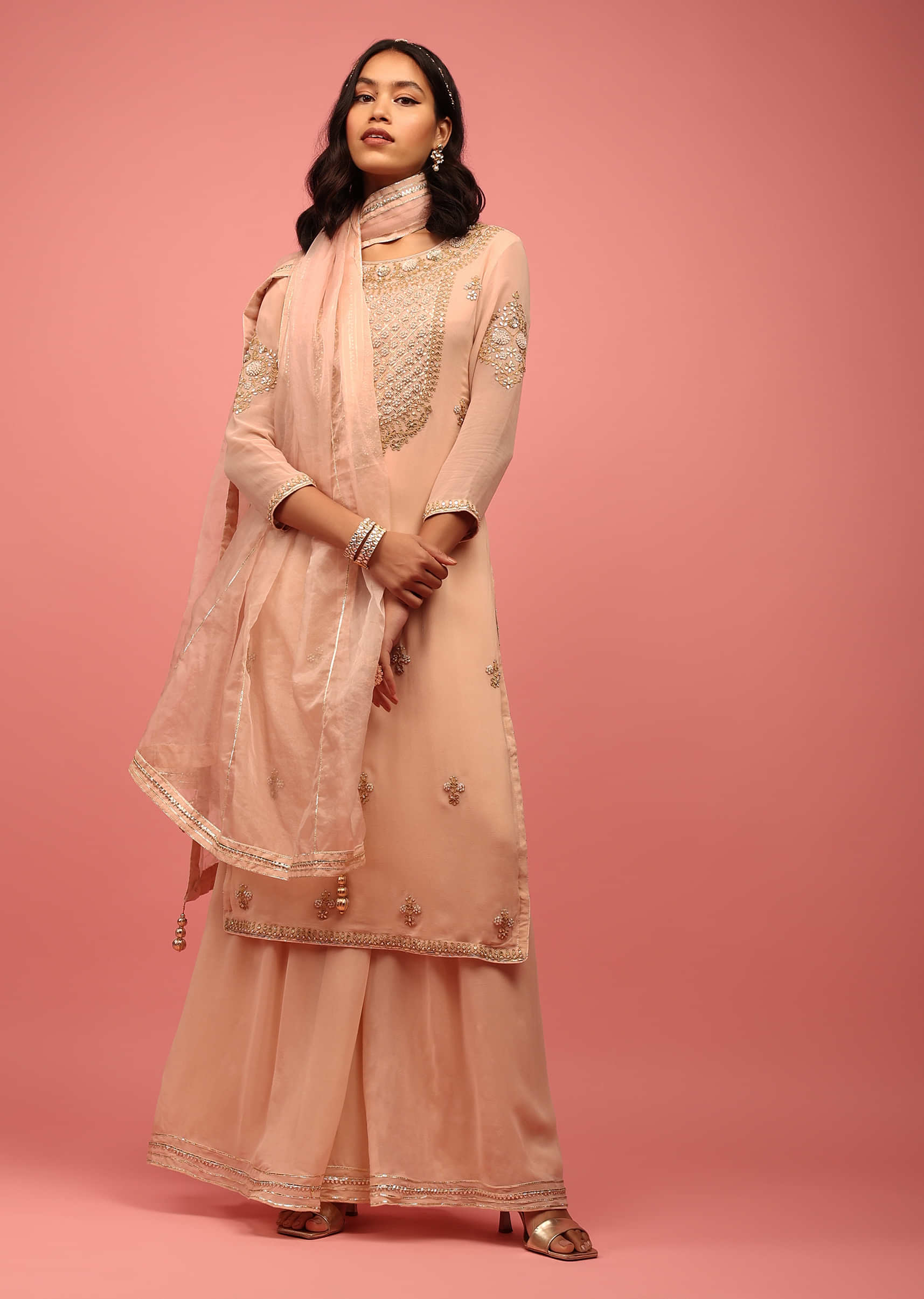 Peach Pink Palazzo Suit Hand Embroidered In Georgette With Zardosi, Sequins And Gotta Work
