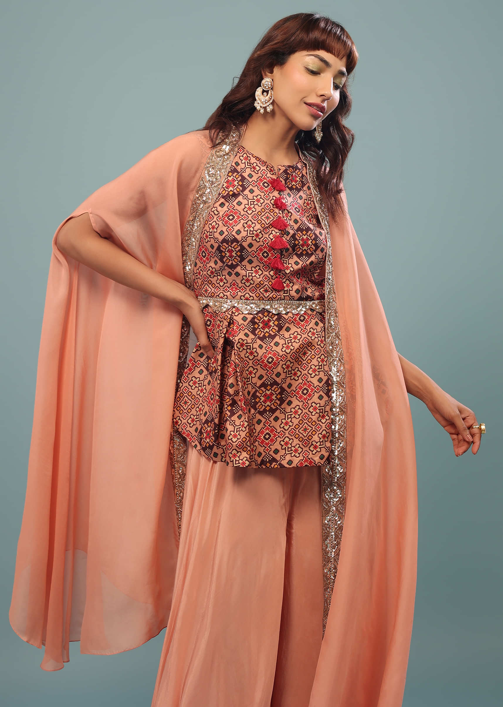 Peach Pink Printed Palazzo Top Set With Embroidered Shrug