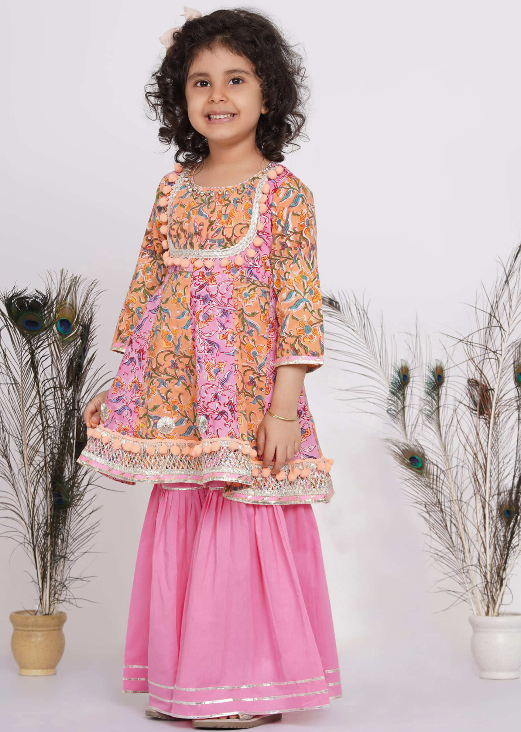 Kalki Blush Pink Sharara Suit Set For Girls In Cotton With Digital Print & Ghungroo Embellishment