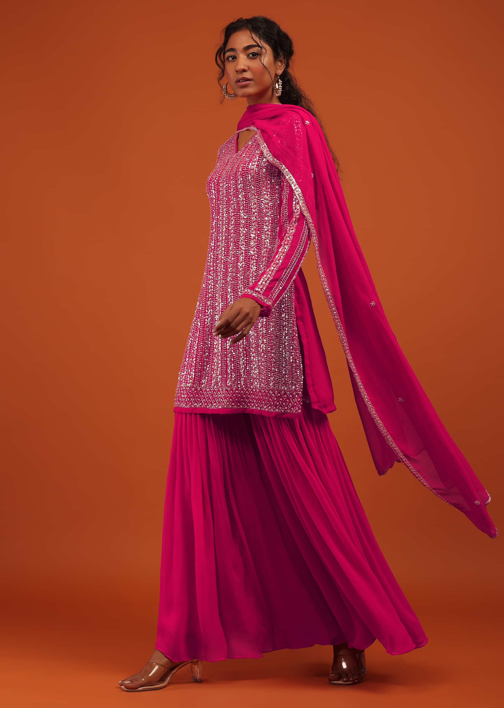 Pink Sharara Suit Set In Georgette With Silver Embroidery