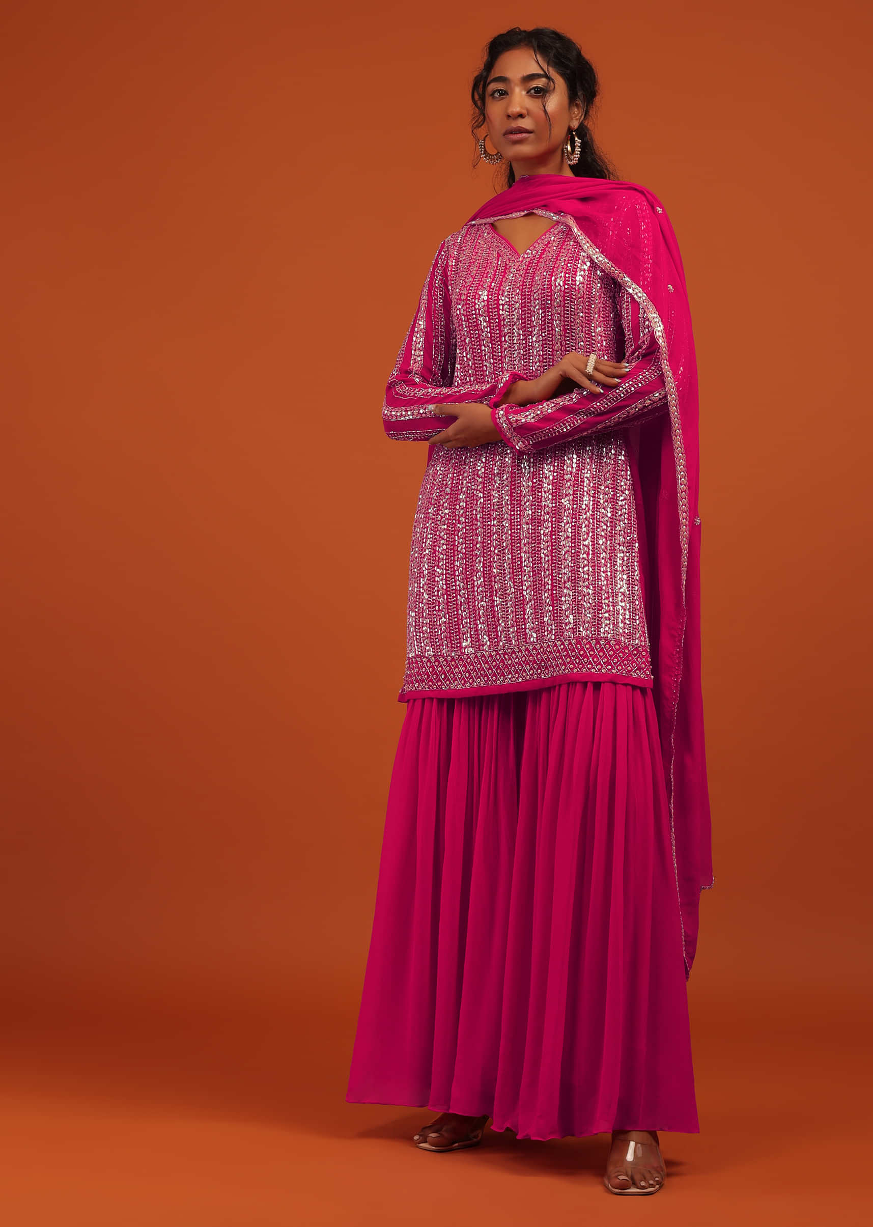 Pink Sharara Suit Set In Georgette With Silver Embroidery