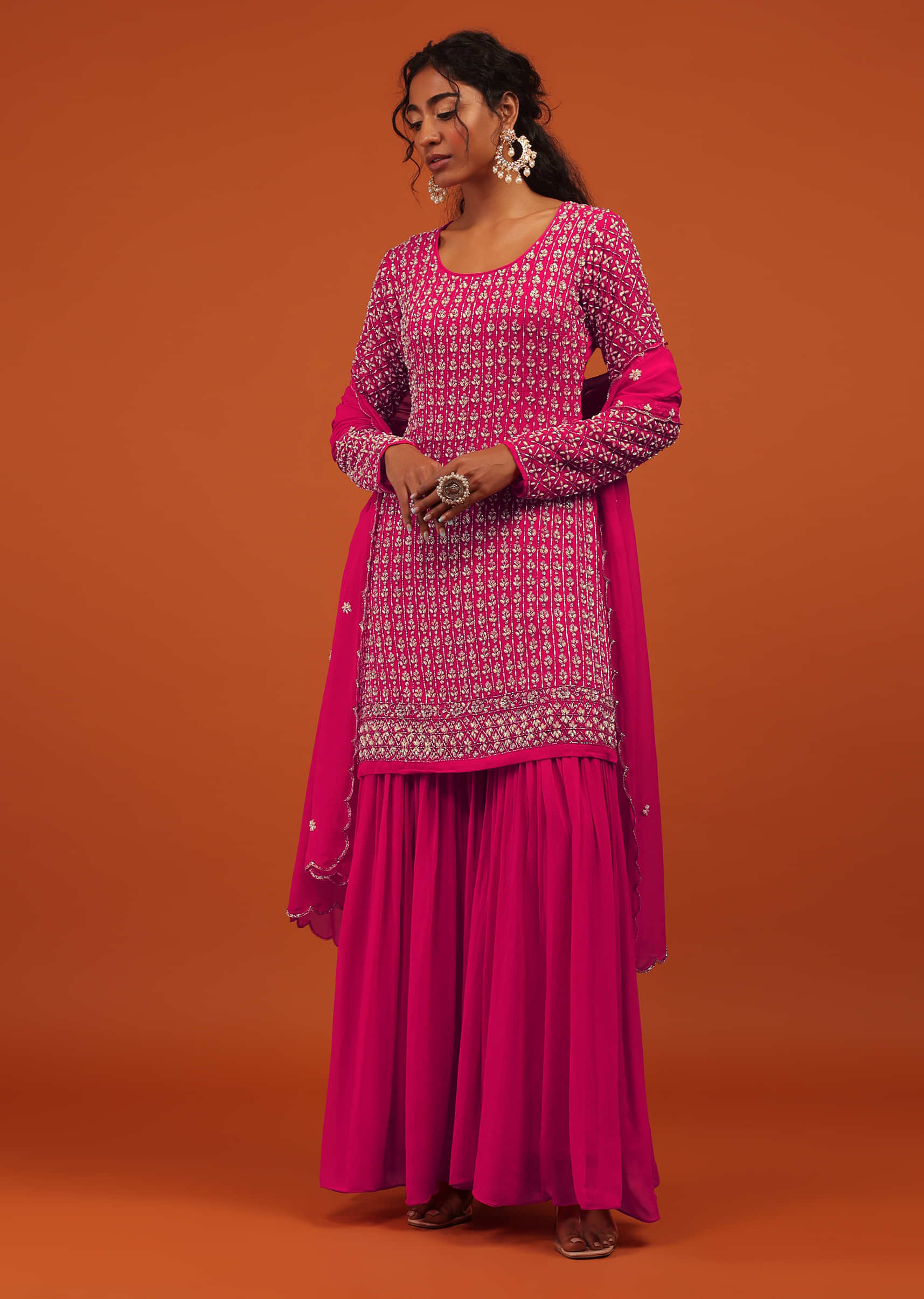 Pink Sharara Suit Set In Georgette With Sequins And Beadwork