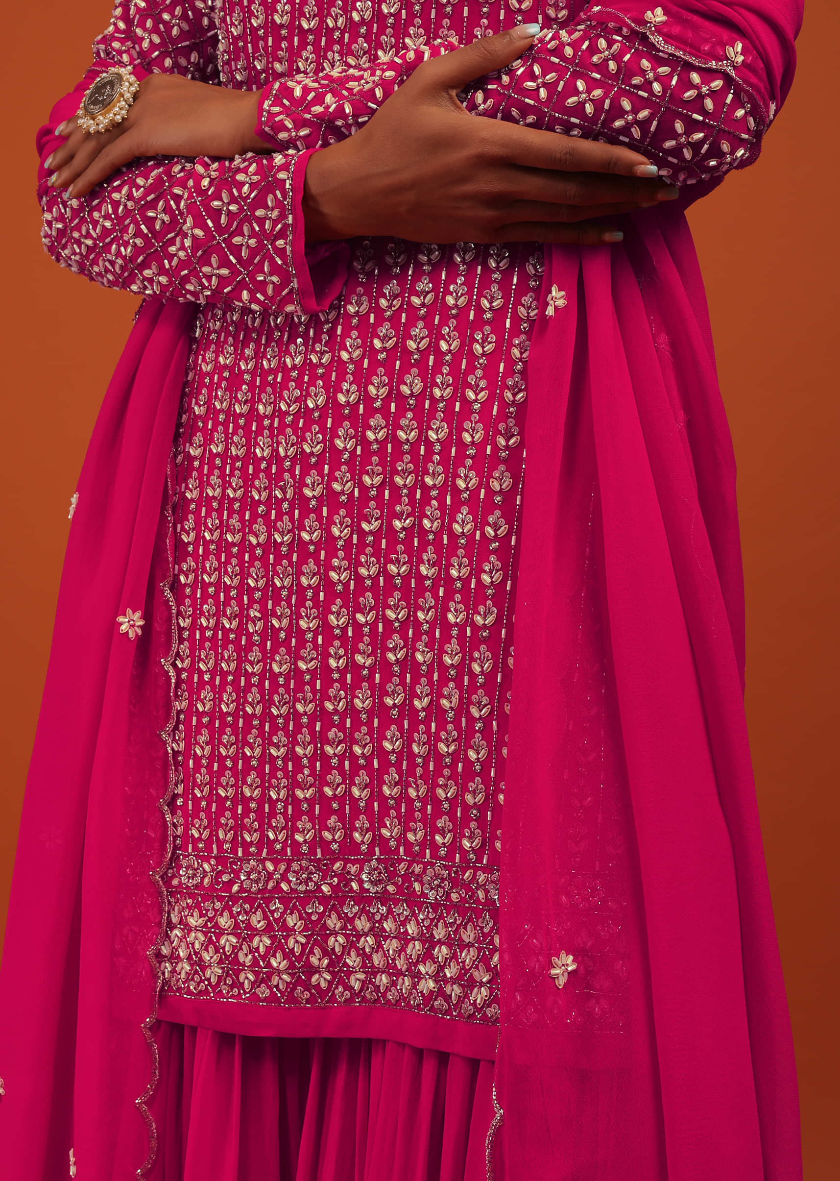 Pink Sharara Suit Set In Georgette With Sequins And Beadwork