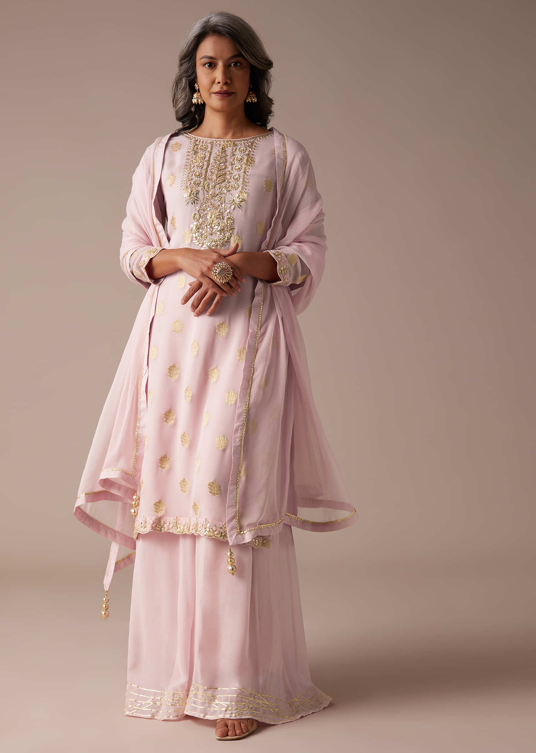 Baby Pink Straight Palazzo Suit Set In Banarasi Georgette With Brocade Work