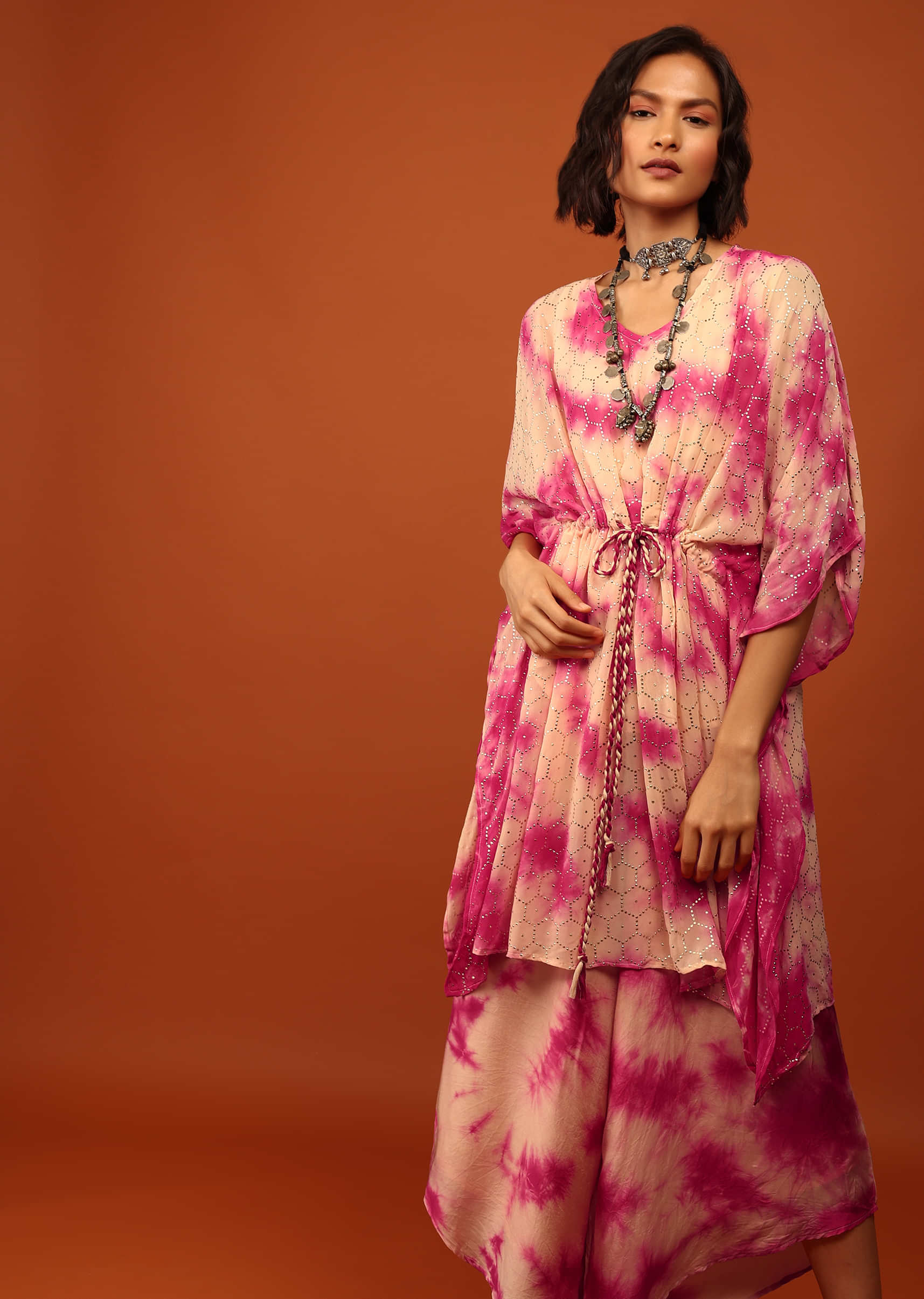 Candy Pink Tie Dye Kaftan Set In V Neckline With A Tie-Up Tassel Dori At The Front