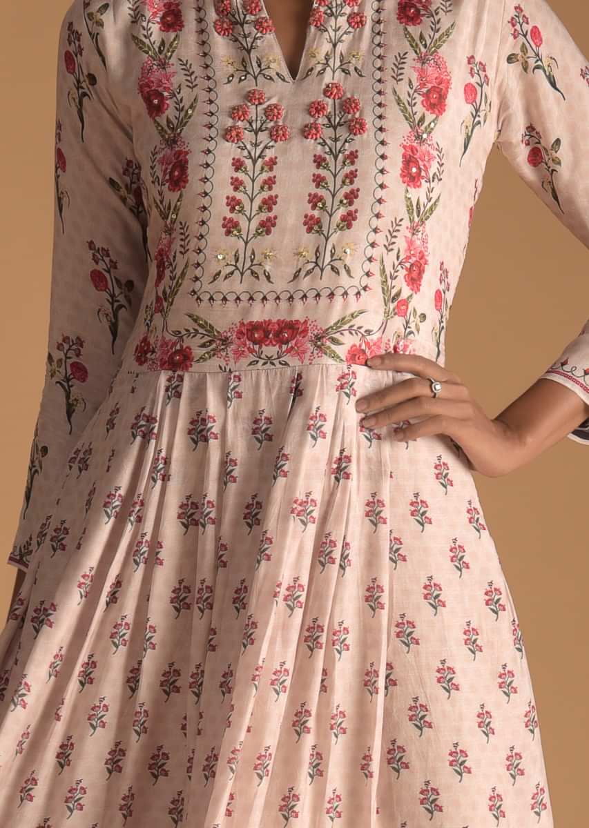 Pinkish Peach Cotton Silk Tunic With Floral Print And French Knots On The Bodice  