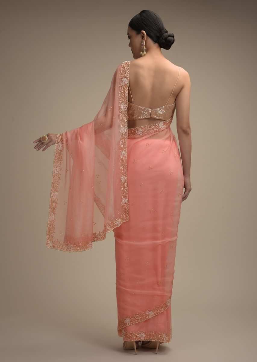 Pinkish Peach Saree In Organza With Hand Embroidered Floral Floral Border And Scattered Buttis  